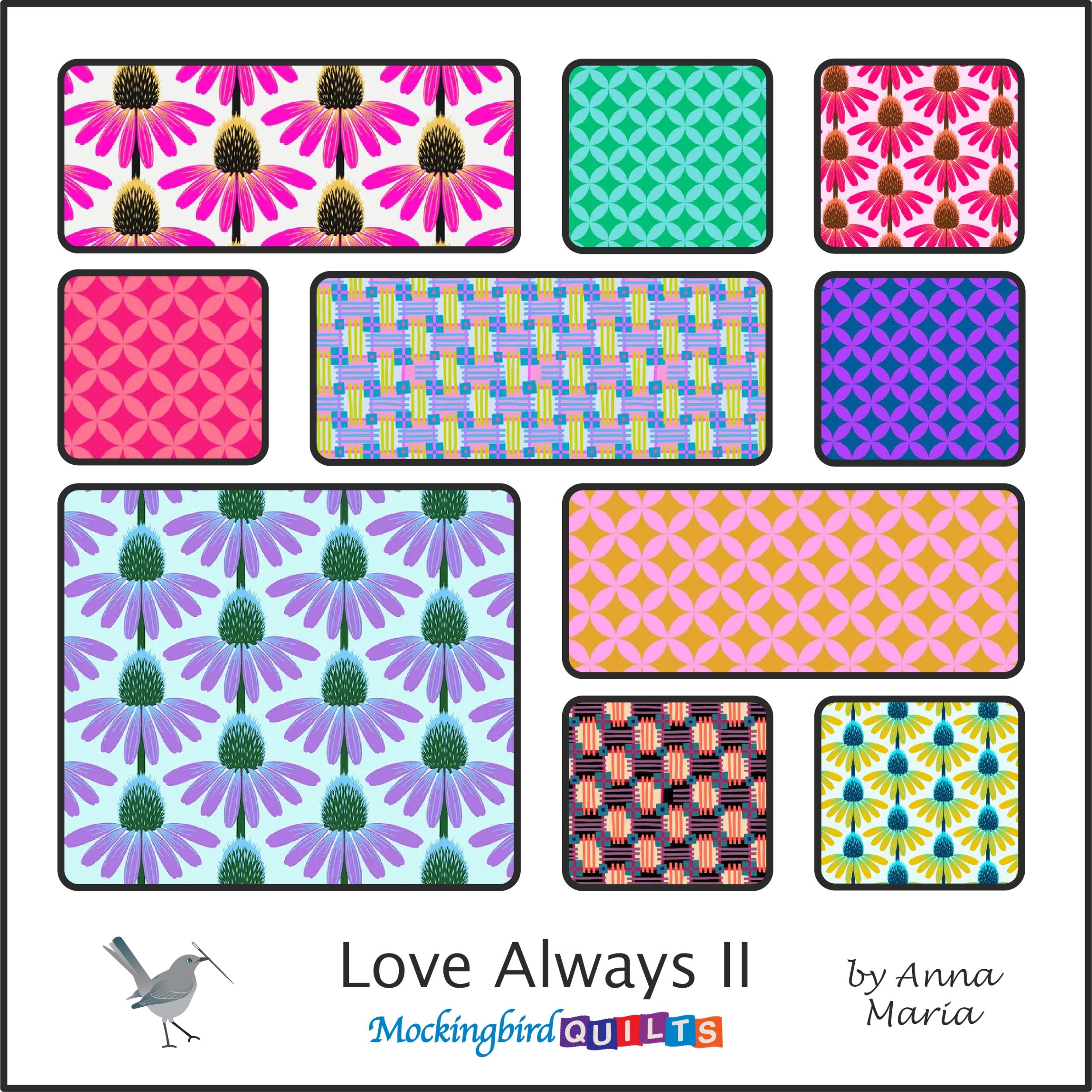 The image shows ten fabric swatches for the fabric line “Love Always II” by Anna Maria. The swatches are in bold, vibrant colors with equally bold patterns.