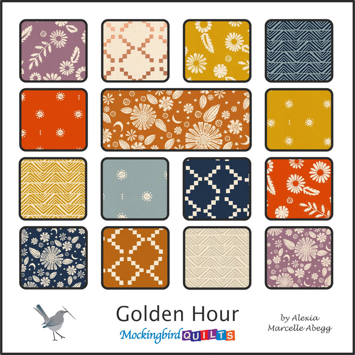 This image shows fifteen fabric swatches in the collection “Golden Hour” by Alexia Marcelle Abegg. Prints in this line are geometric and nature-inspired, in colors like navy, lavender, slate, mustard, cream, burnt orange, and red.