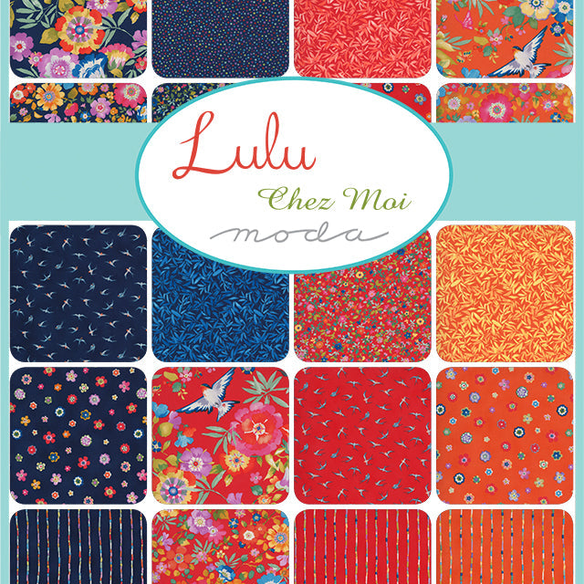 This image shows twenty fabric swatches in the collection “Lulu” by Chez Moi. Colors are bright and vibrant in reds, oranges, and navy in floral patterns.
