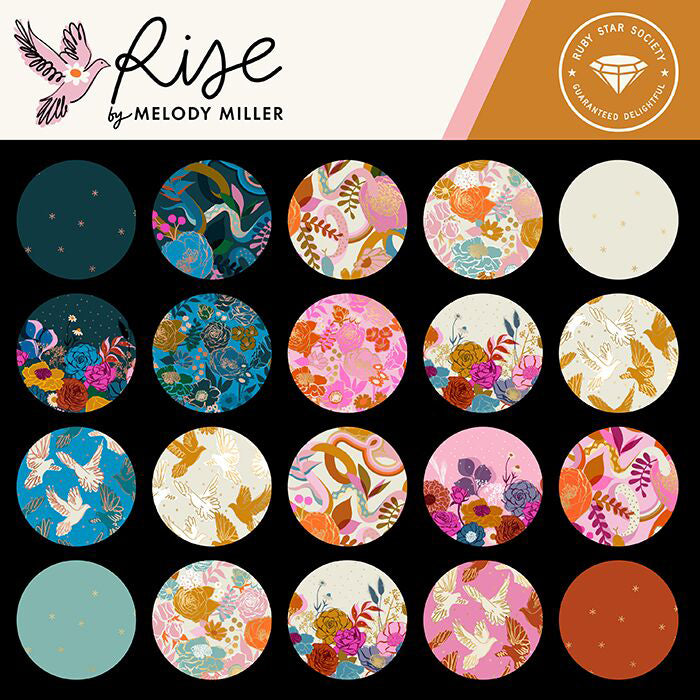 This image shows twenty fabric swatches in the collection “Rise” by Melody Miller. Colors are vibrant and contrasting, with lots of bright pinks, deep blues, and splashes of orange.