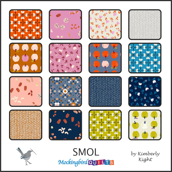 On the top of the image is a banner that says “Smol” and “Kimberly Kight” on the left, and on the right is the Ruby Star Society logo. Below the banner are 20 fabric swatches in a variety of colors and patterns.