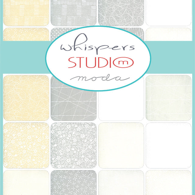 This image shows ten fabric swatches in the collection “Whispers” by Studio M. Fabrics in this line are in pastel yellows, grays, and white. Prints are subtle, white, and nature-inspired.