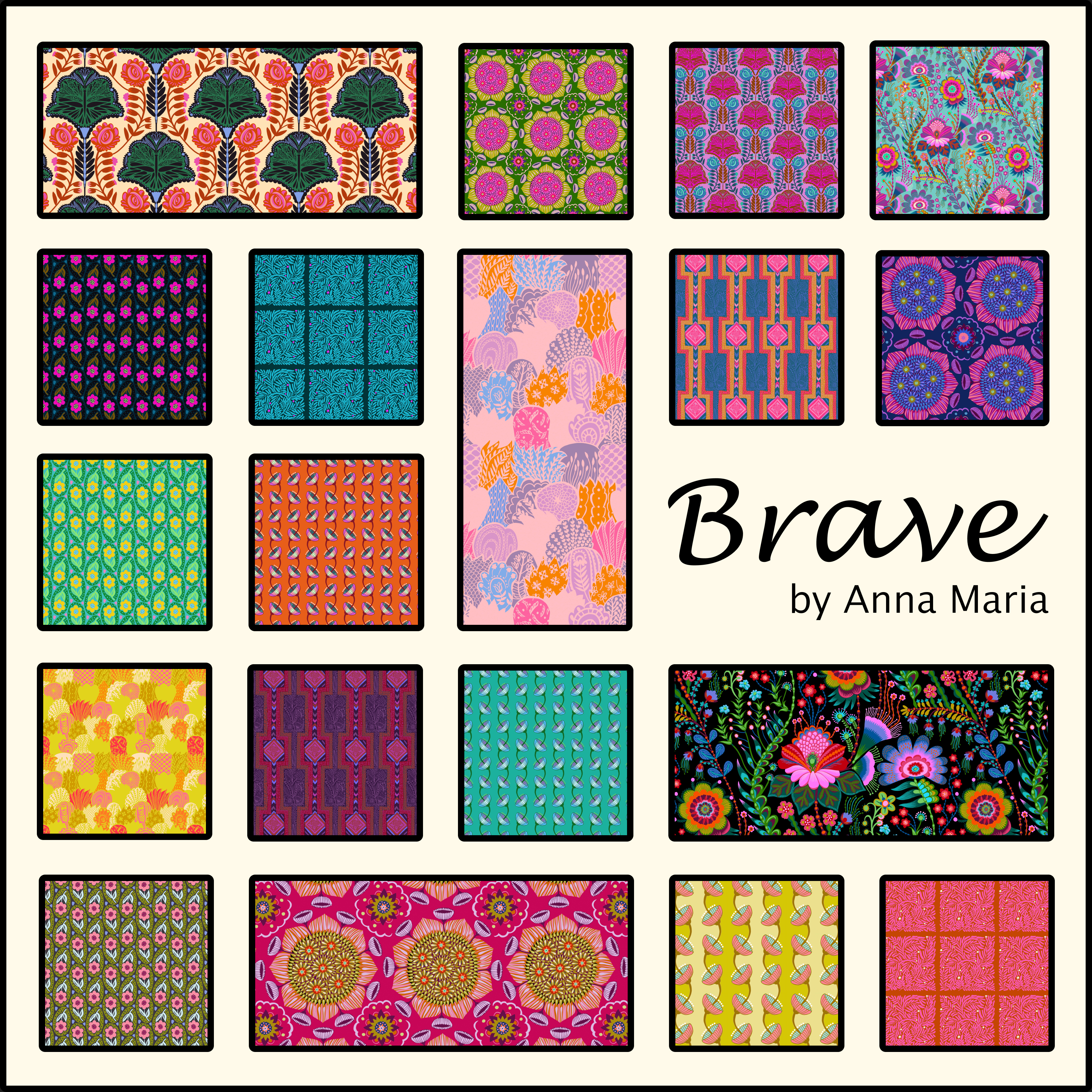 A collage of pictures of fabrics in the Brave collection by Anna Maria.
