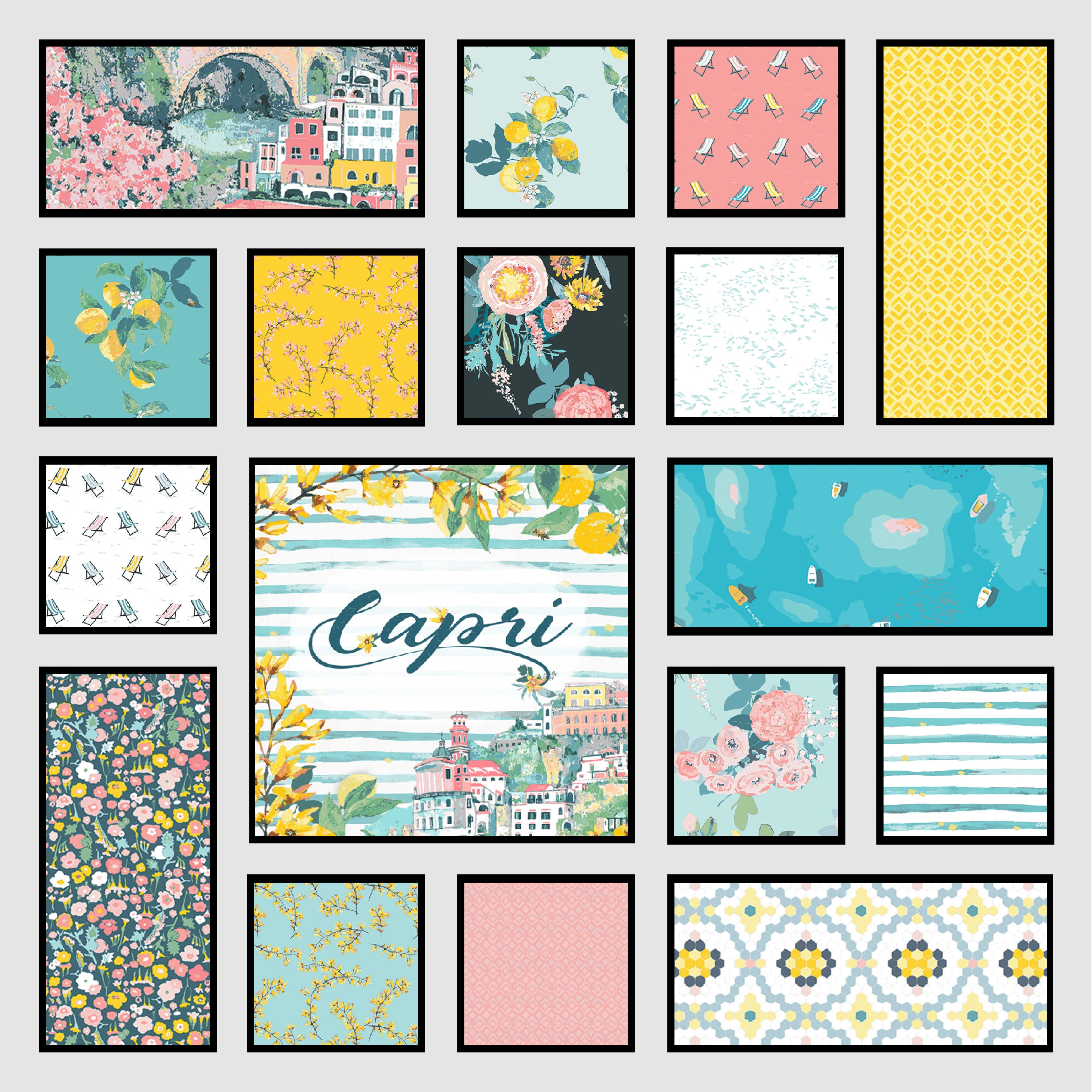 The image shows 16 fabric swatches in a range of vibrant, costal hues and prints.