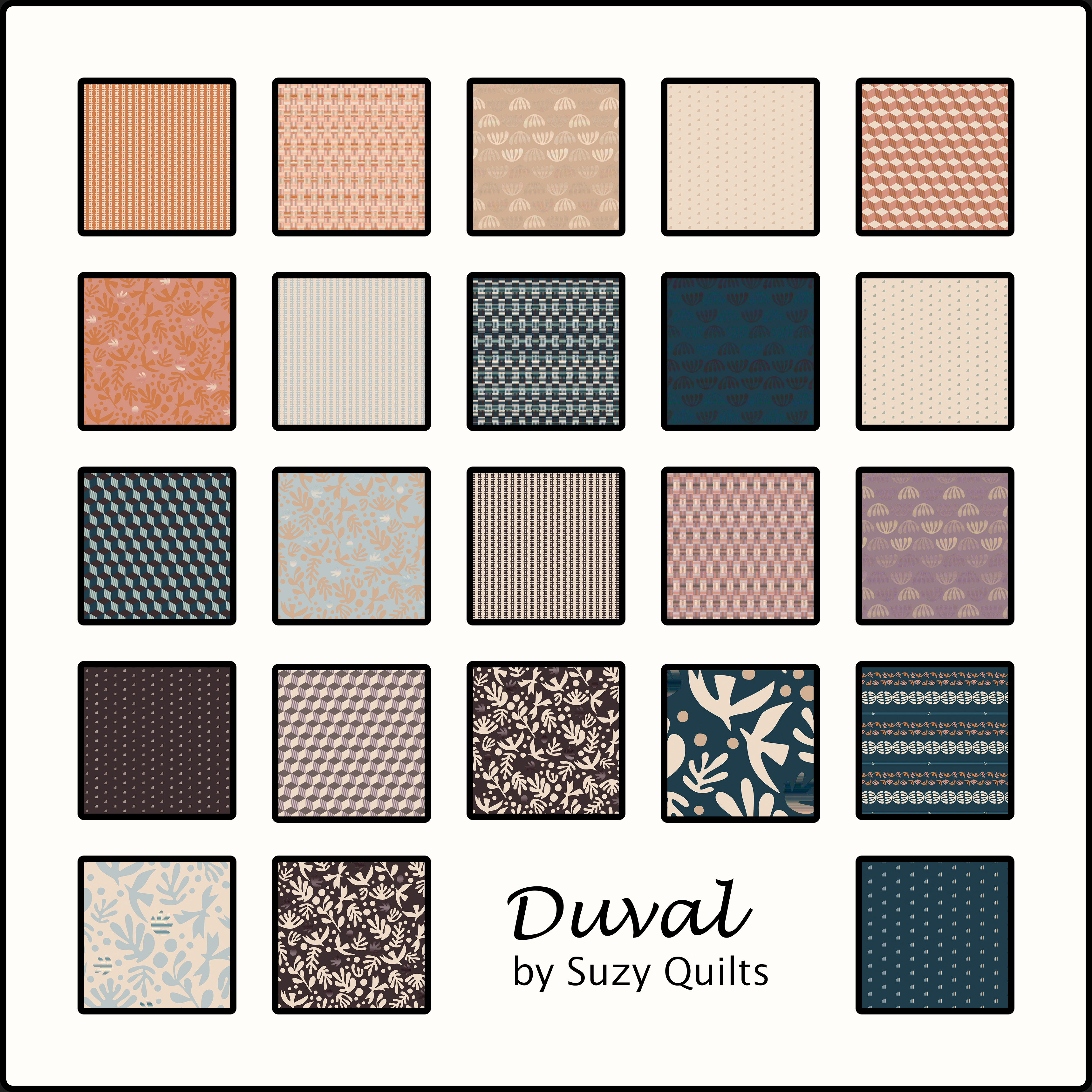 A collage of pictures of the fabric in the Duval bundle Suzy Quilts.