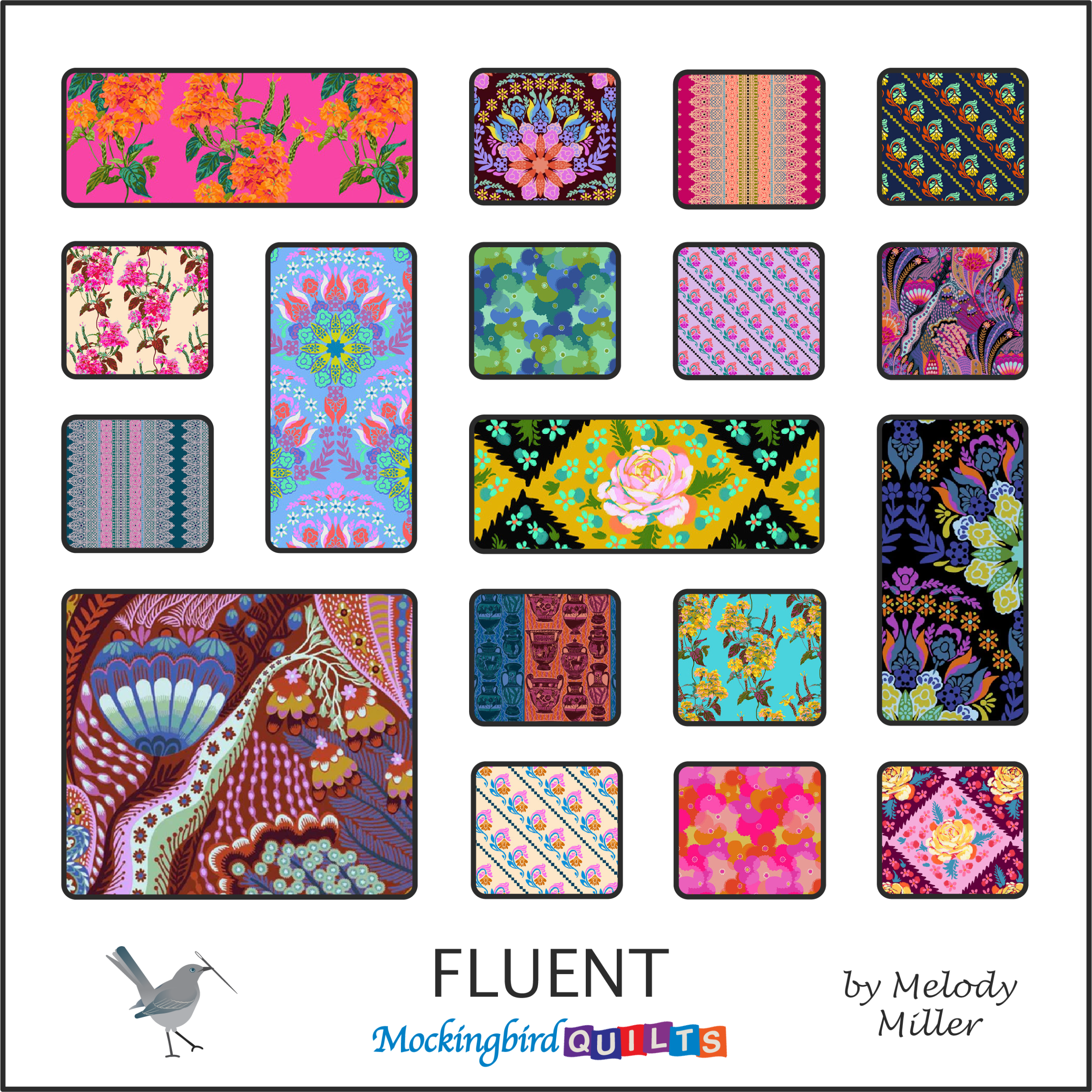 This image shows eighteen fabric swatches in the collection “Fluent” by Anna Maria Horner. Prints in this line are vibrant and colorful, featuring bold florals, technicolor paisley, Grecian urns, and dynamic lace.