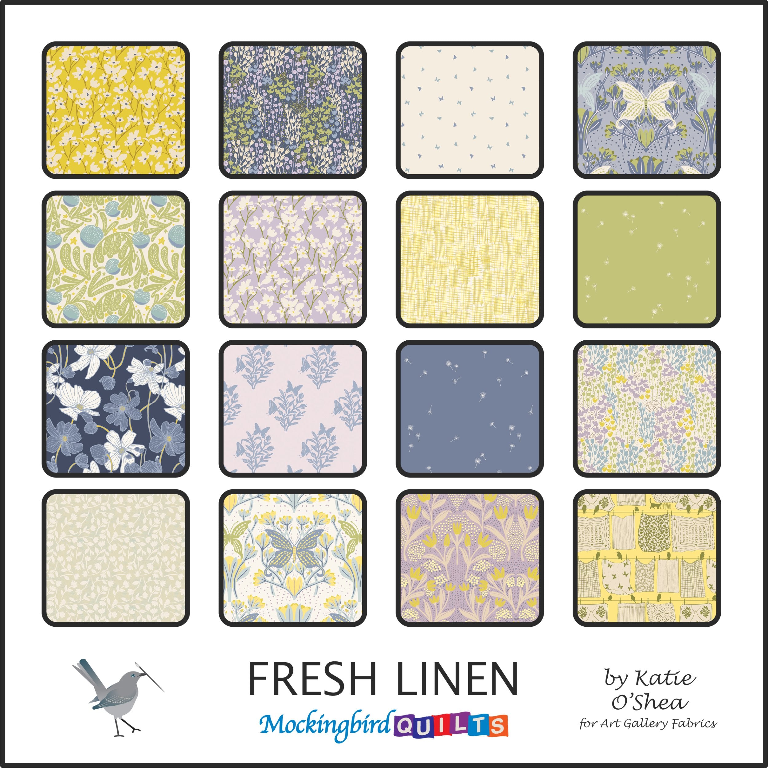 This image shows sixteen fabric swatches in the collection “Fresh Linen” by Katie O’Shea for Art Gallery Fabrics. This line was inspired by laundry drying in spring, with pastel hues, nature-inspired patterns, plus a few quirky laundry-themed pieces.