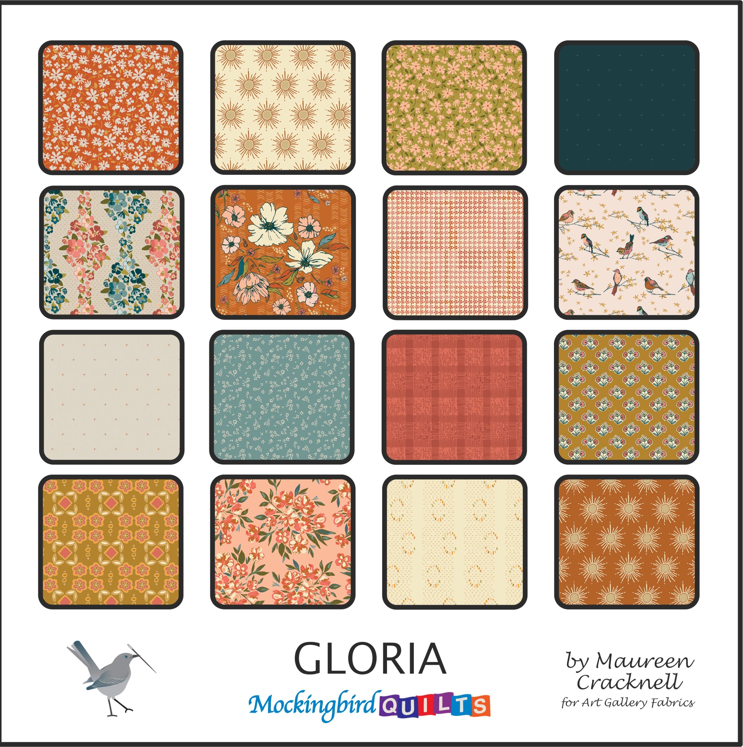 This image shows sixteen fabric swatches in the collection “Gloria” by Maureen Cracknell. The color palette is warm with lots of golds, oranges, pinks, and pops of blue. The patterns are nature-inspired with many florals.