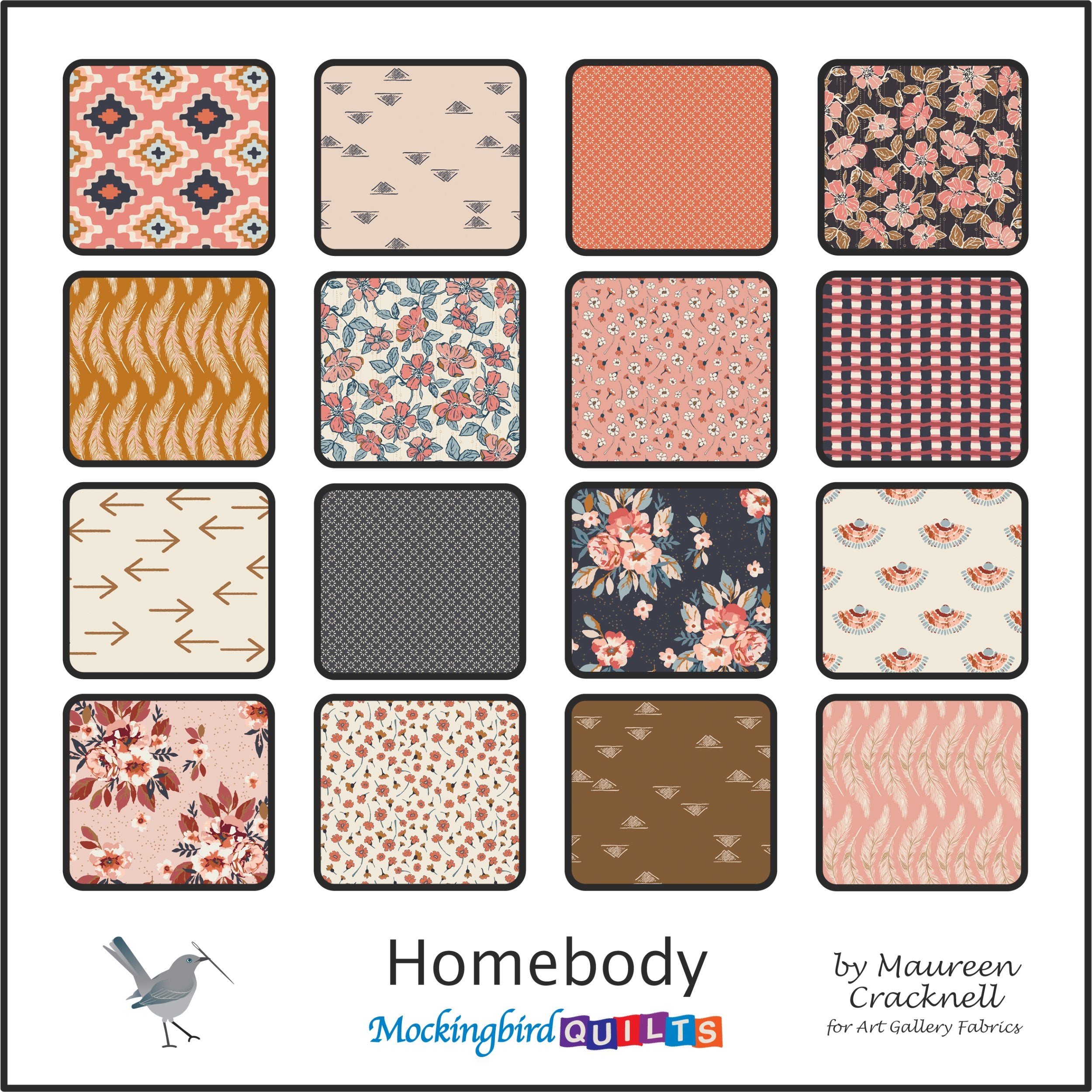 This image shows sixteen fabric swatches in the collection “Homebody” by Maureen Cracknell. This fabric line was inspired by that fuzzy, warm feeling you only get from being in your own home.