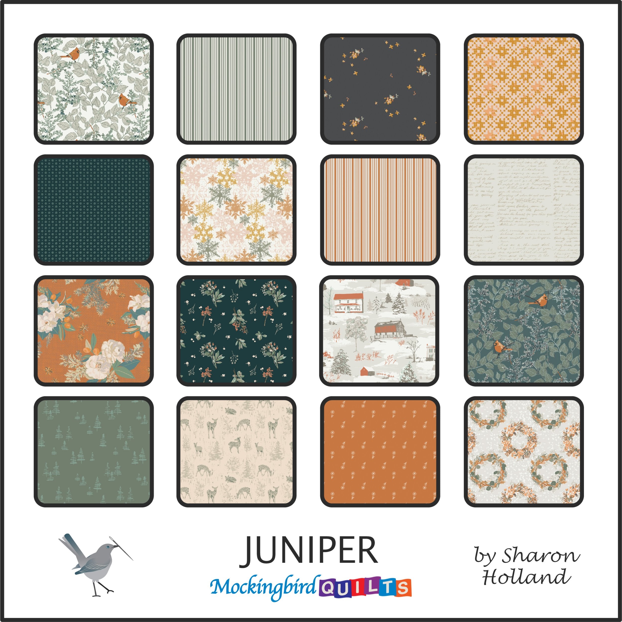 The image shows sixteen fabric swatches from the collection “Juniper” by Sharon Holland. The swatches are in a variety of colors like navy, burnt orange, and gray; the patterns are nature inspired, for example cardinals in greenery.