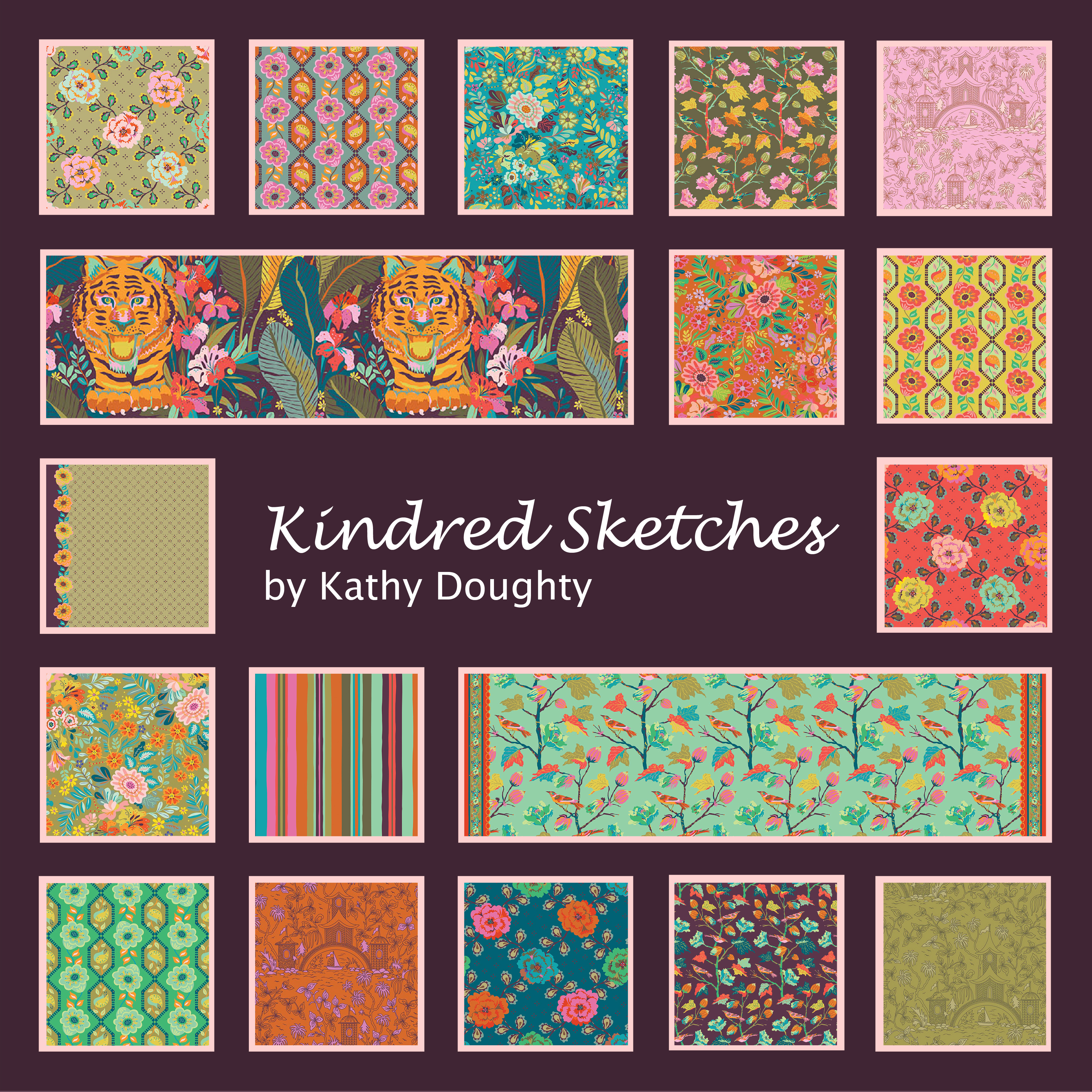 This image shows eighteen fabric swatches in the collection “Kindred Sketches” by Kathy Doughty. Prints in this line are colorful and inspired by nature, including flowers, vines, tigers, and stripes among others.