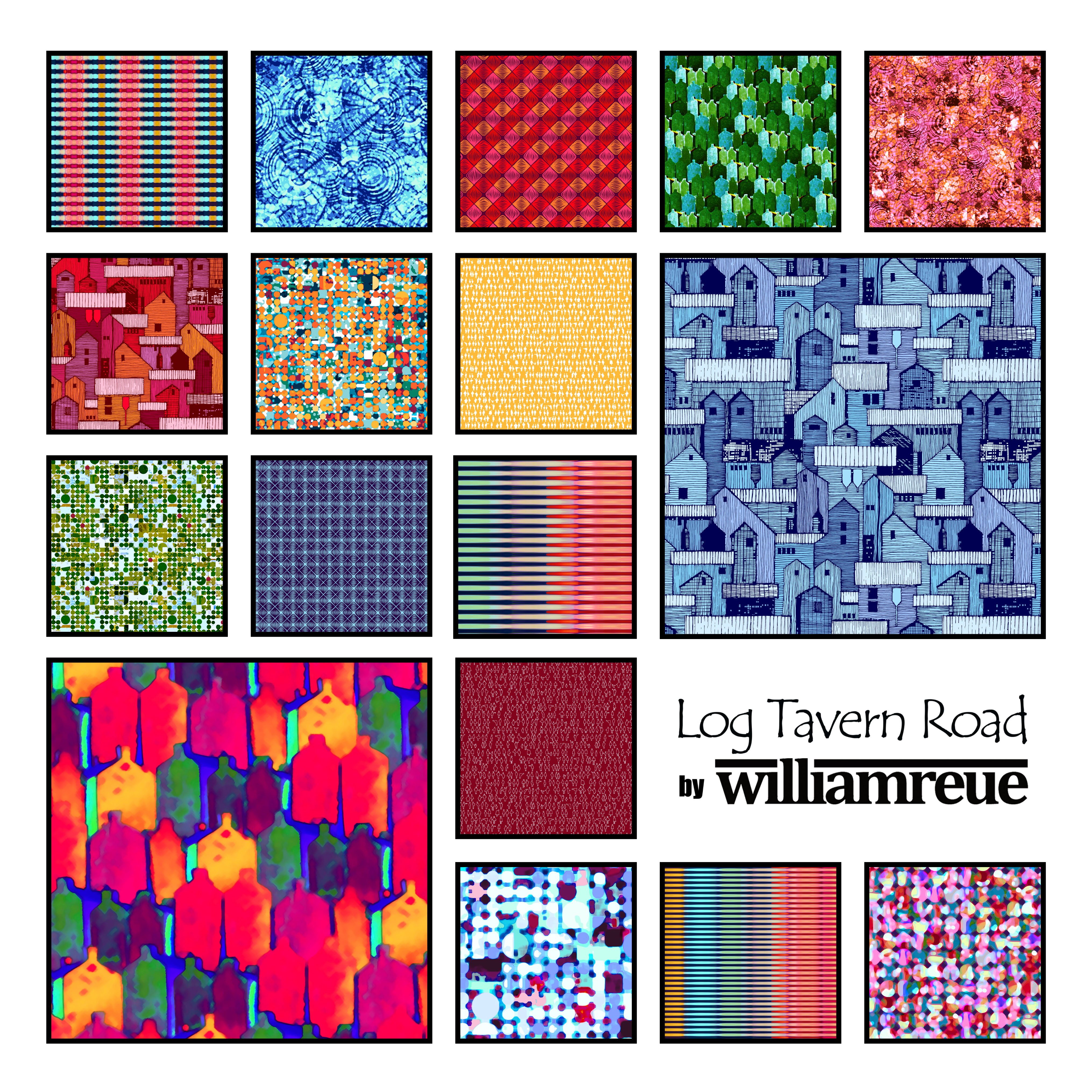 The image shows seventeen swatches from the collection “Log Tavern Road” by William Reue. This line was inspired by life in small-town America, featuring prints of human figures, depictions of nature, and shapes and colors found in domestic architecture.