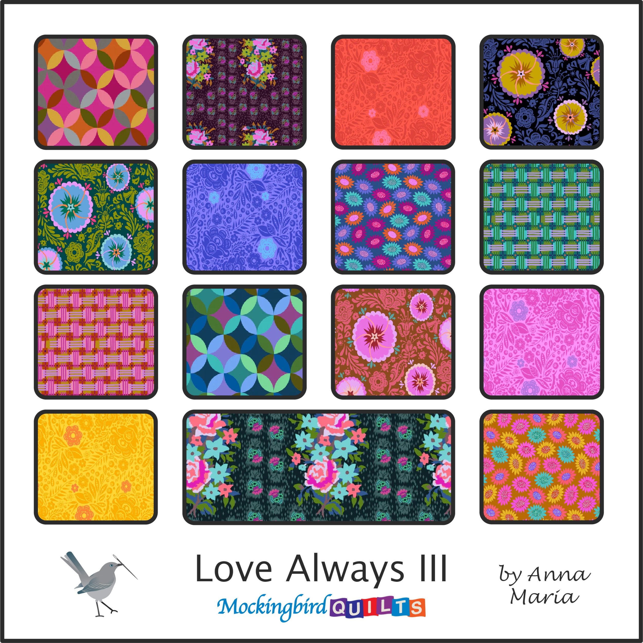 The image shows 15 fabric swatches for the fabric line “Love Always III” by Anna Maria. The swatches are in bold, vibrant colors with equally bold patterns.