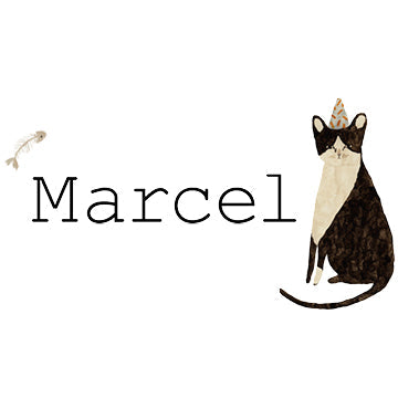 The image shows the text “Marcel” in a black, Courier-like font. Slightly above the M and to the left is an illustrated fish skeleton. On the right is an illustrated black-and-white cat wearing a party hat.