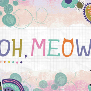 The image has the text "Oh, meow!" with each letter in a different, bold color. There are abstract, colorful shapes in the corners, and a black silhouette of a cat on the bottom right.
