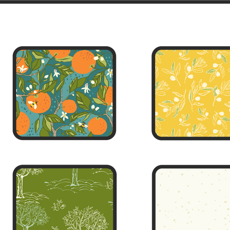 The image shows twenty-six fabric swatches from the collection “Orchard & Grove” by Jennifer Moore of Monaluna. This line was inspired by the rolling orchards of California, with nature-inspired prints featuring flowers, trees, birds, fruit, and more. 