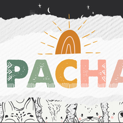 The image has the text “PACHA” in all caps in vibrant colors. Above the text is a black, night sky and below the text are black-and-white illustrated llamas.