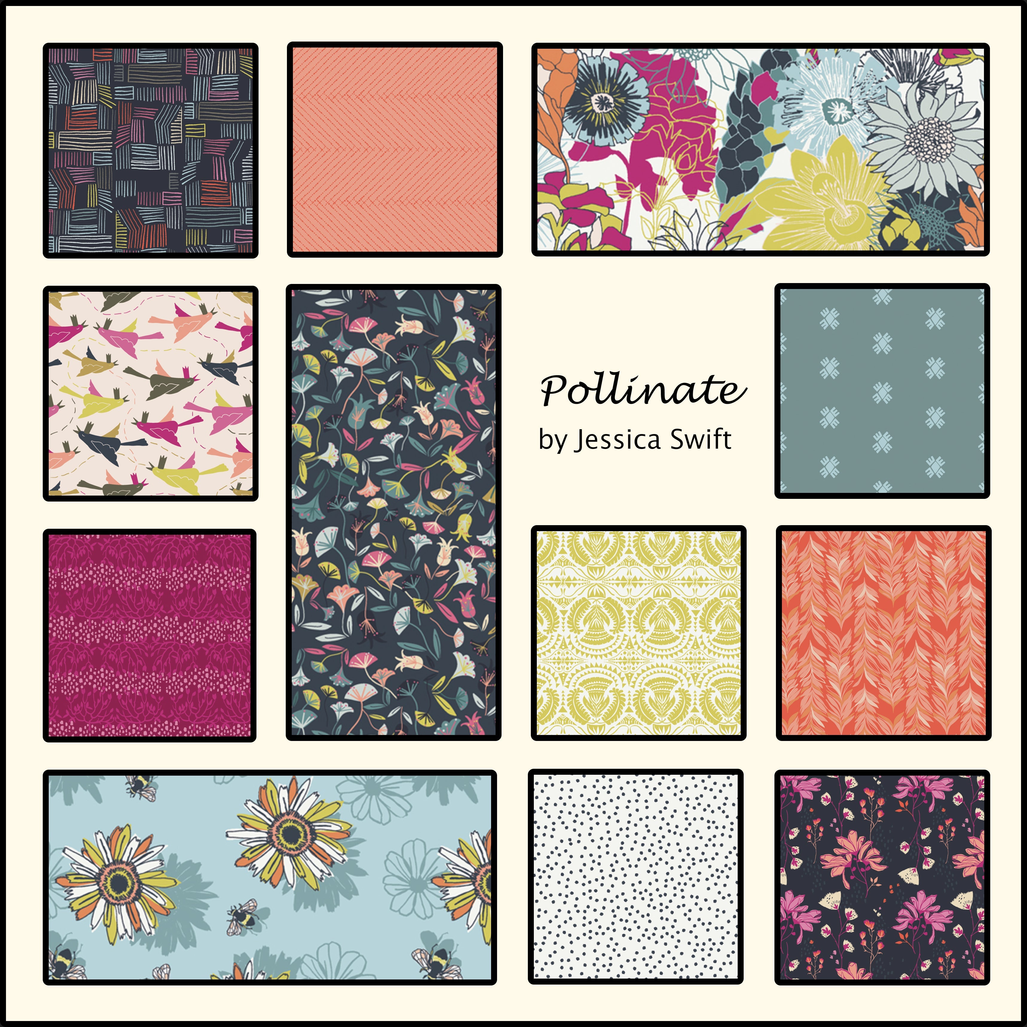 The image shows twelve fabric swatches from the collection “Pollinate” by Jessica Swift. The swatches are in a variety of bright colors and patterns reminiscent of Spring.