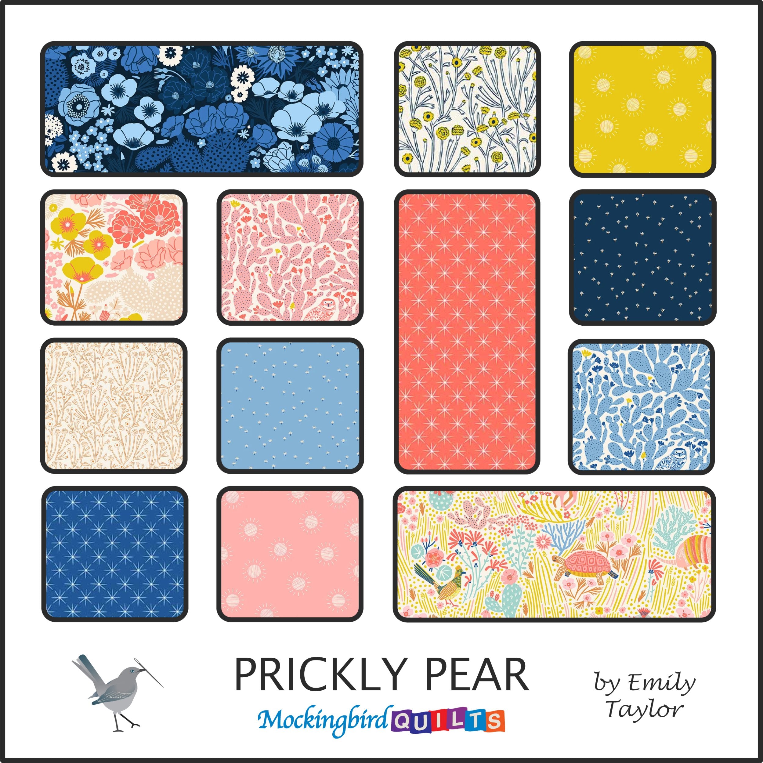 This image shows fourteen fabric swatches in the collection “Prickly Pear” by Emily Taylor. This fabric line was inspired by the beauty of the desert, with patterns of sharp florals and sunny cacti.