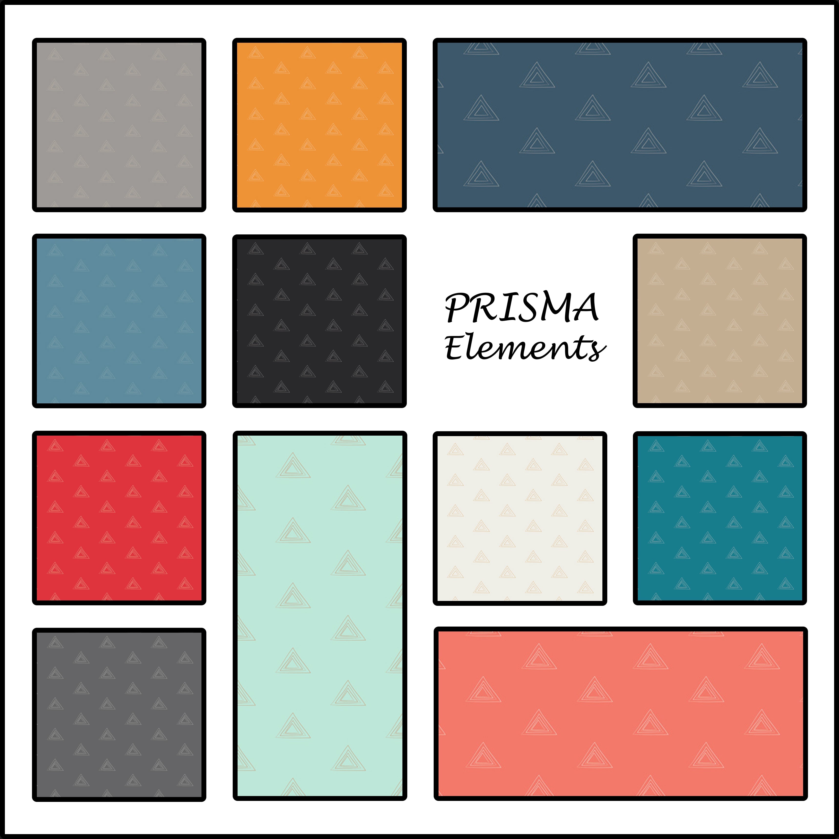 The image shows twelve fabric swatches from the line “PRISMA Elements” by Art Gallery Fabrics. The colors are mostly muted with a few pops of red and orange, and the pattern is the same throughout the fabric line – artistic triangles repeating.