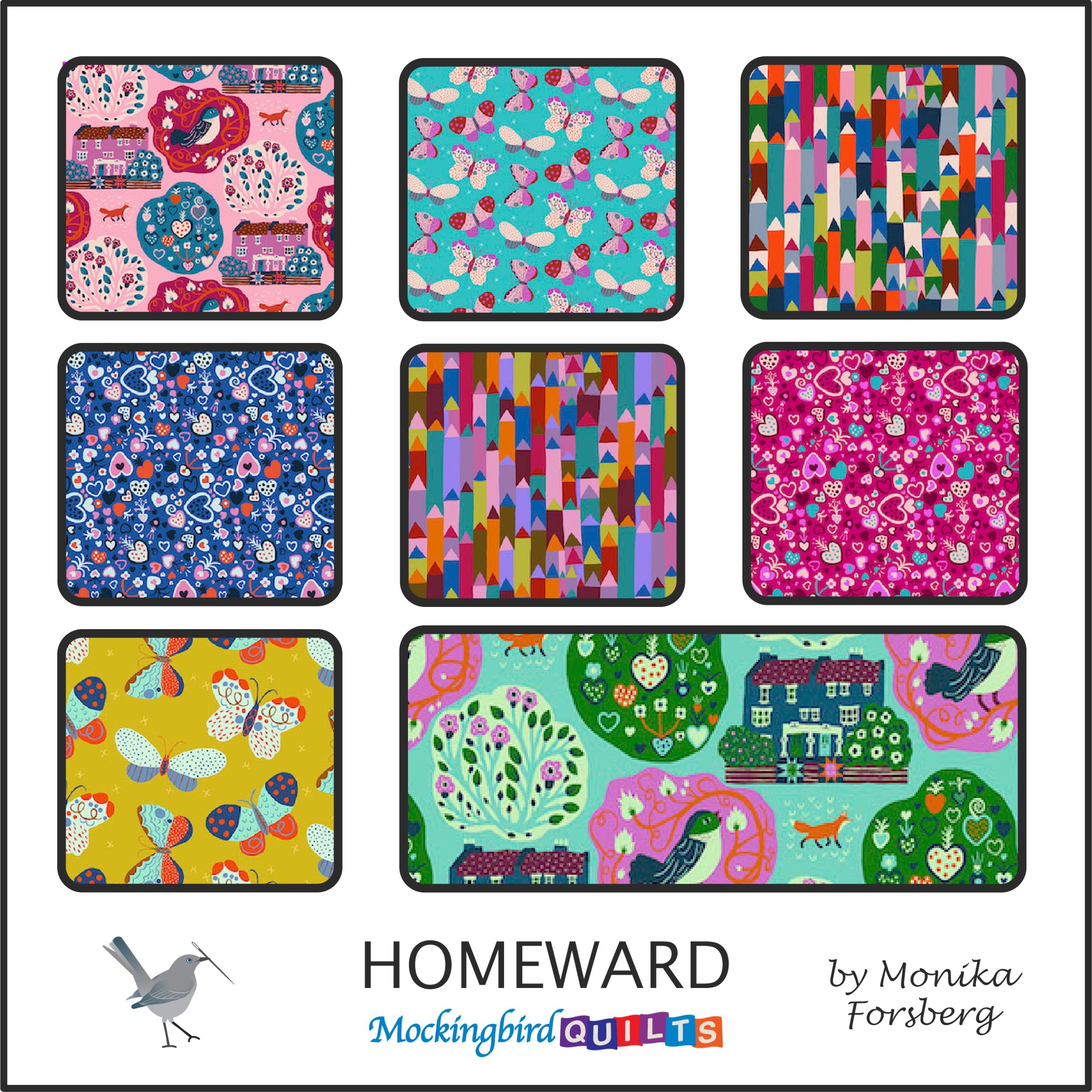 This image shows fourteen fabric swatches in the collection “Homeward” by Monika Forsberg. Layered in rich jewel tones, patterns in this line are nature-inspired with peacocks, butterflies, flowers, and vines.