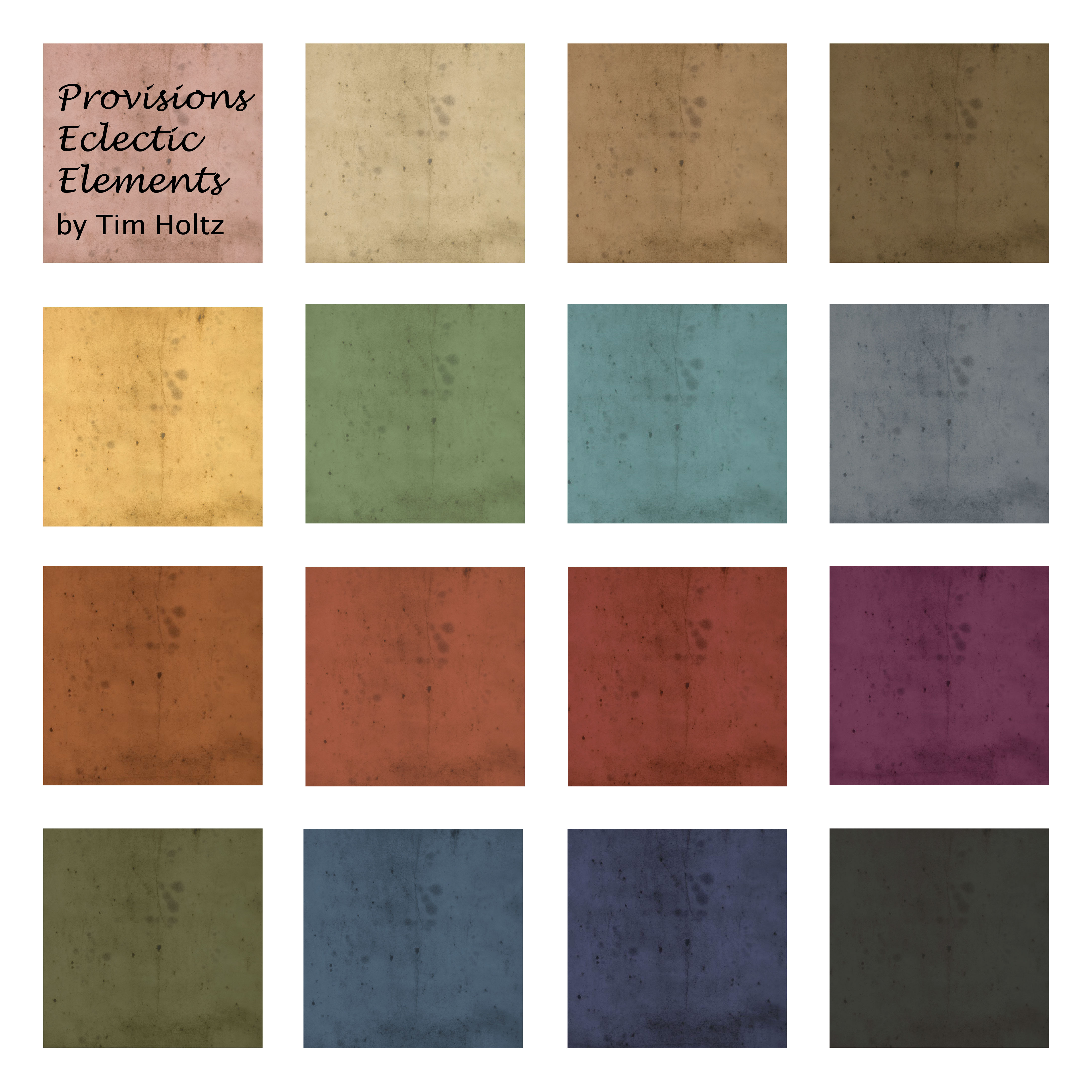 This image shows sixteen fabric swatches in the collection “Provisions Eclectic Elements” by Tim Holtz. Colors are muted shades of the rainbow with a speckled or tarnished texture.