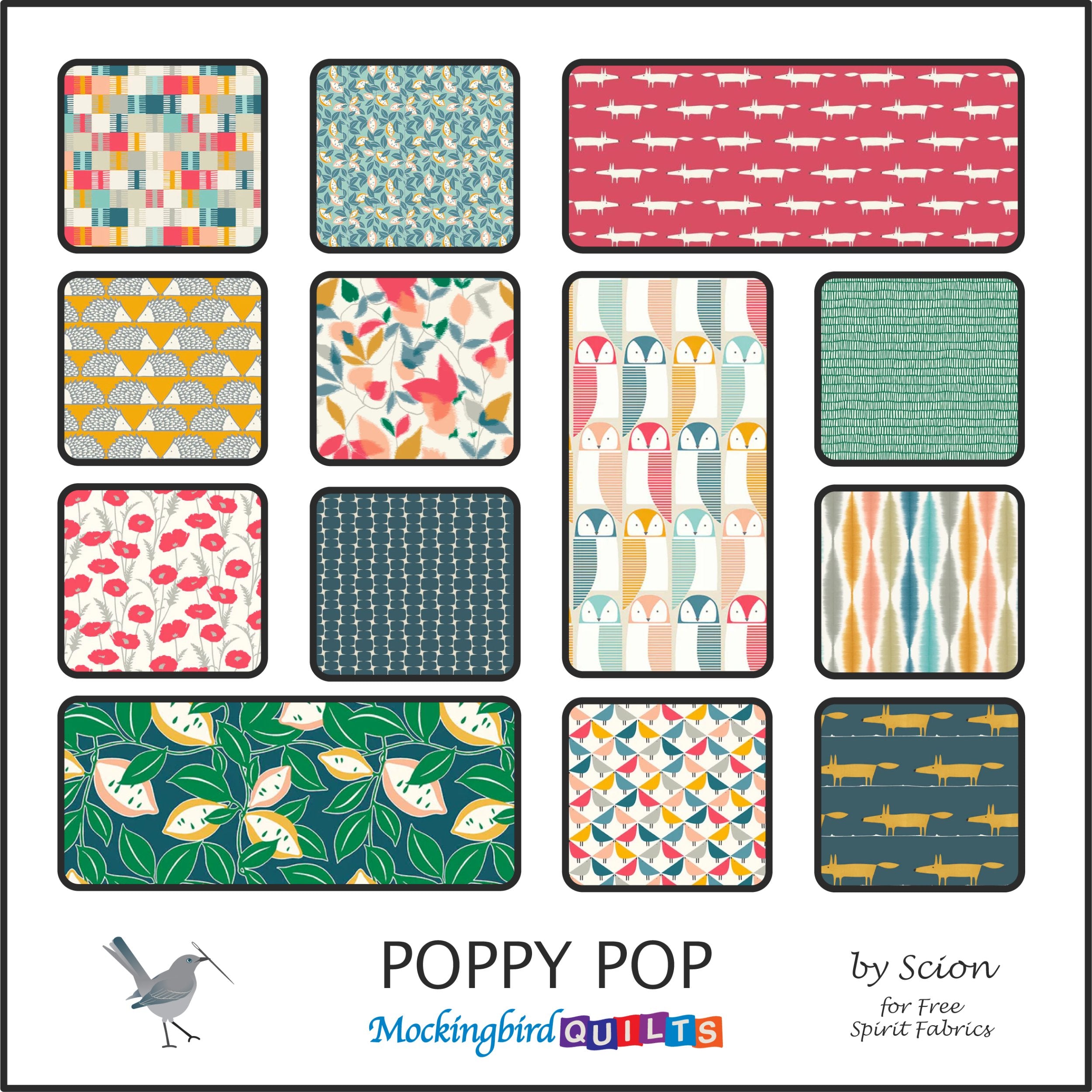 This image shows thirteen fabric swatches in the collection “Poppy Pop” by Scion for FreeSpirit Fabrics. This cheerful fabric line includes a retro-inspired color scheme of teals, corals, and mustards combined with graphic and character prints.