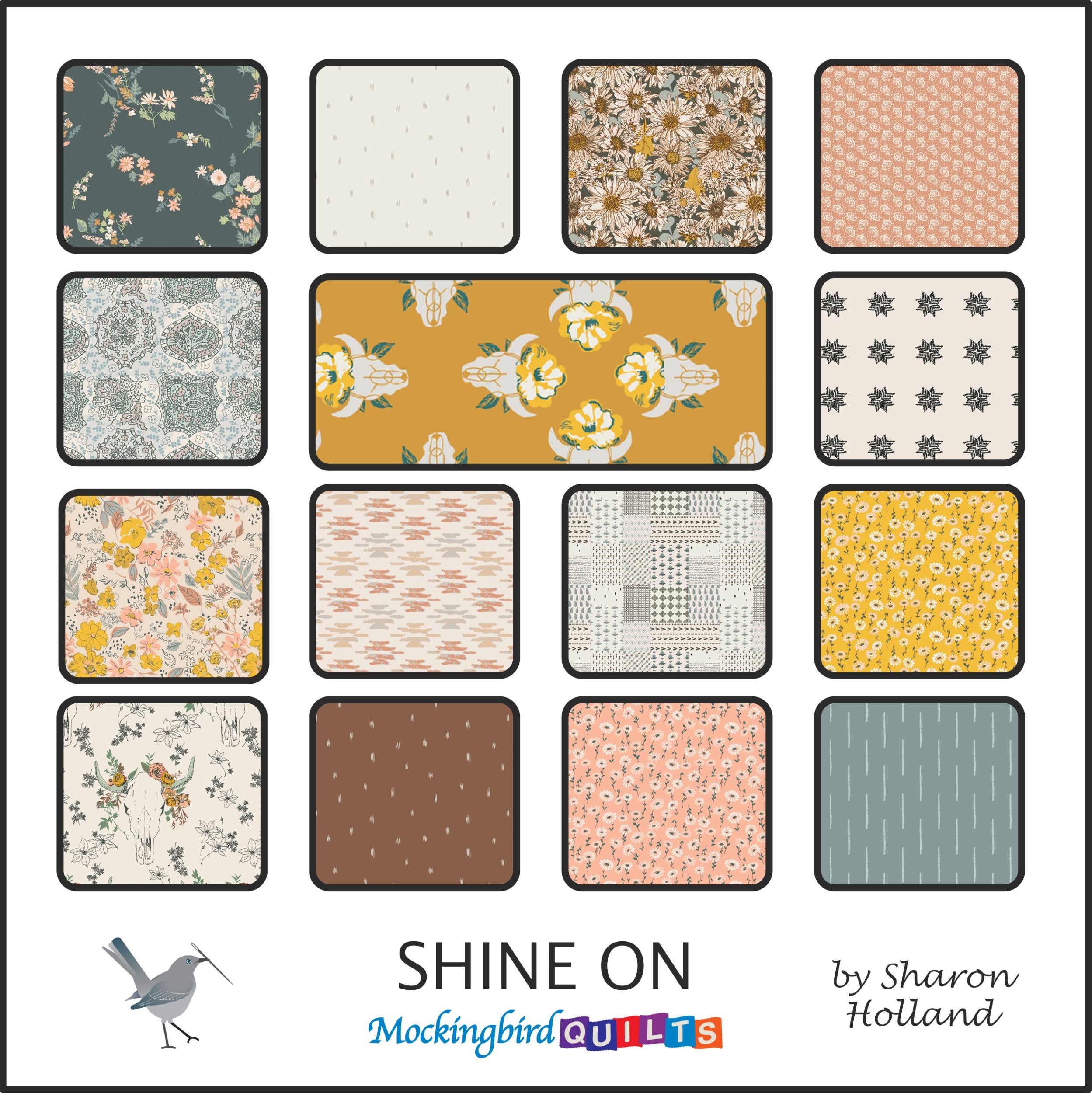 This image shows sixteen fabric swatches in the collection “Shine On” by Sharon Holland. This line was inspired by the transition from winter to spring, with colors like golden yellow, steel blue, white, and sepia tones. 