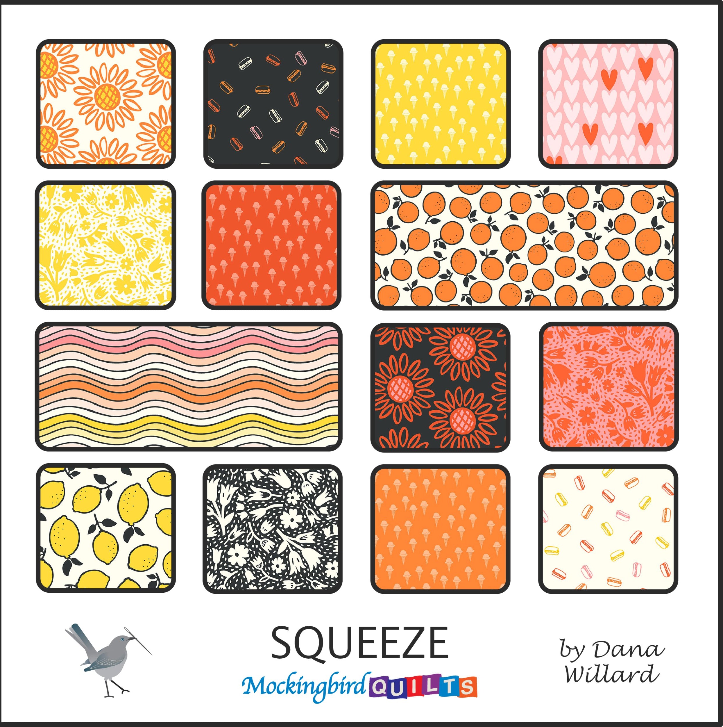 The image shows fifteen fabric swatches from the collection “Squeeze” by Dana Willard. The swatches are in bright, cheerful colors evocative of summertime, with prints of oranges, lemons, sunflowers, and more.