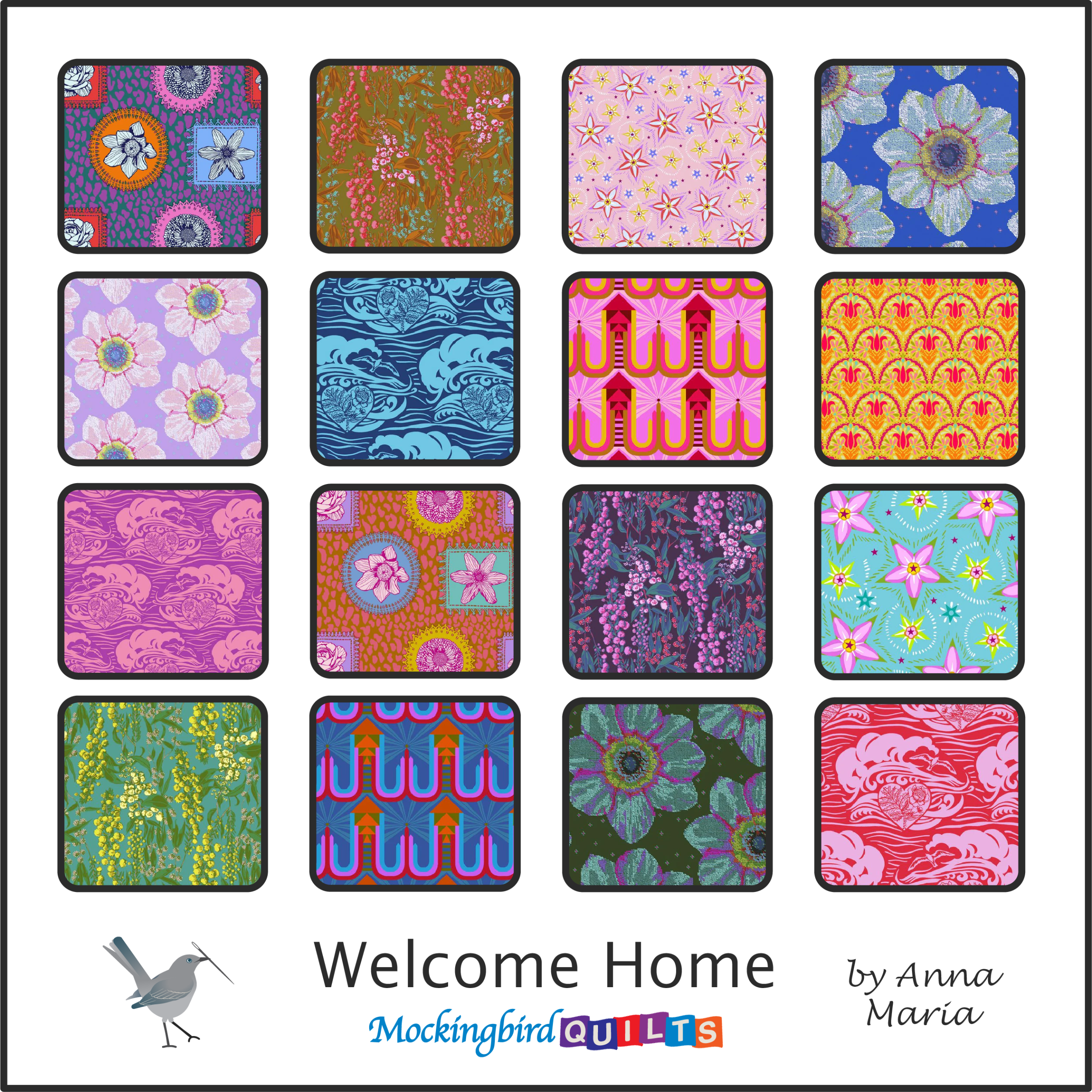This image shows twenty-two fabric swatches in the collection “Welcome Home” by Anna Maria Horner. This fabric line is as colorful as the rainbow, featuring prints of flowers, paisley, graphic shapes, and upholstery-inspired textures.