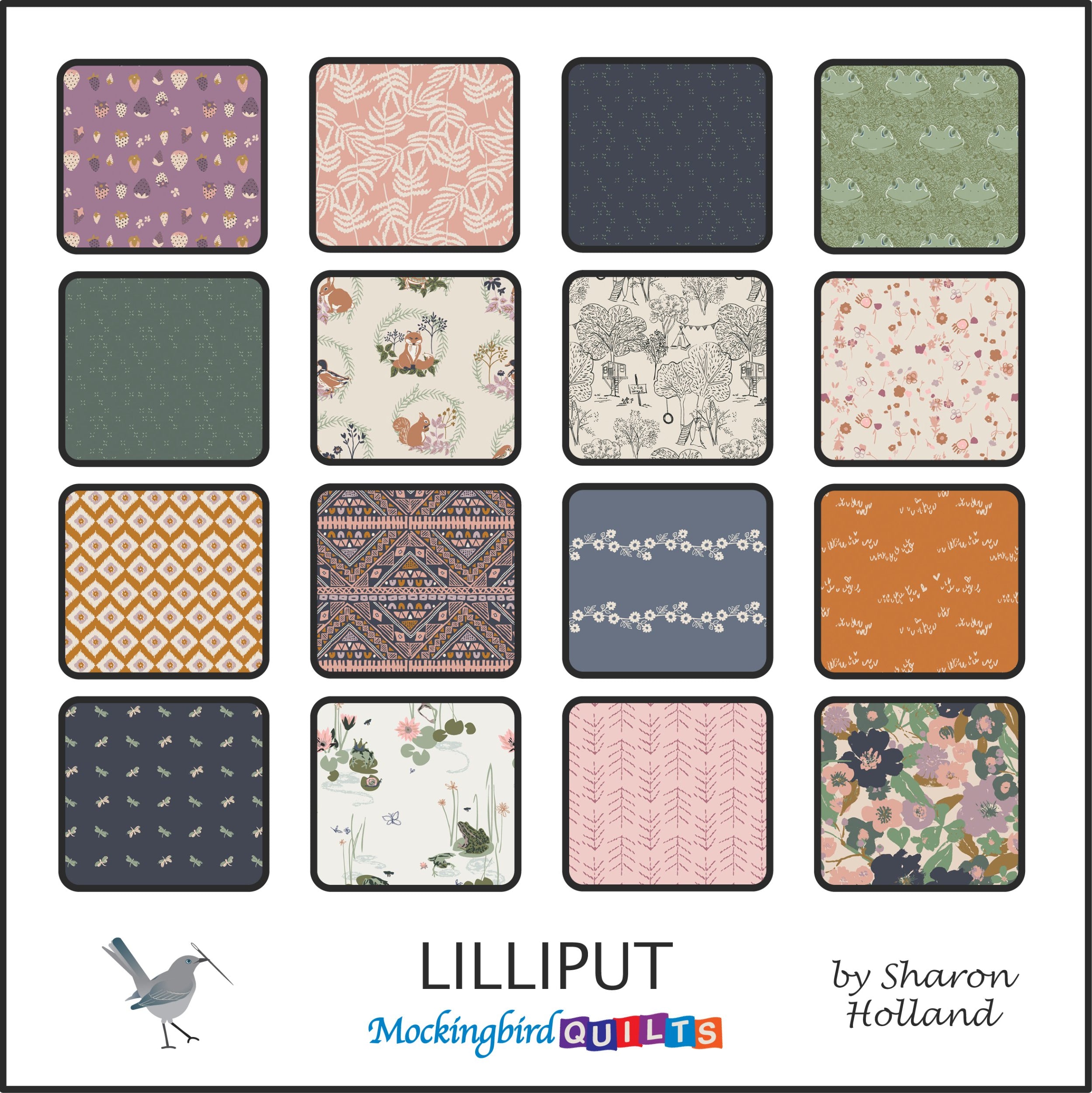 The image shows sixteen fabric swatches for the fabric line “Lilliput” by Sharon Holland. The swatches are in subtle, natural colors like sage, steel gray, and mauve, with nature-inspired patterns like lily pads and florals.