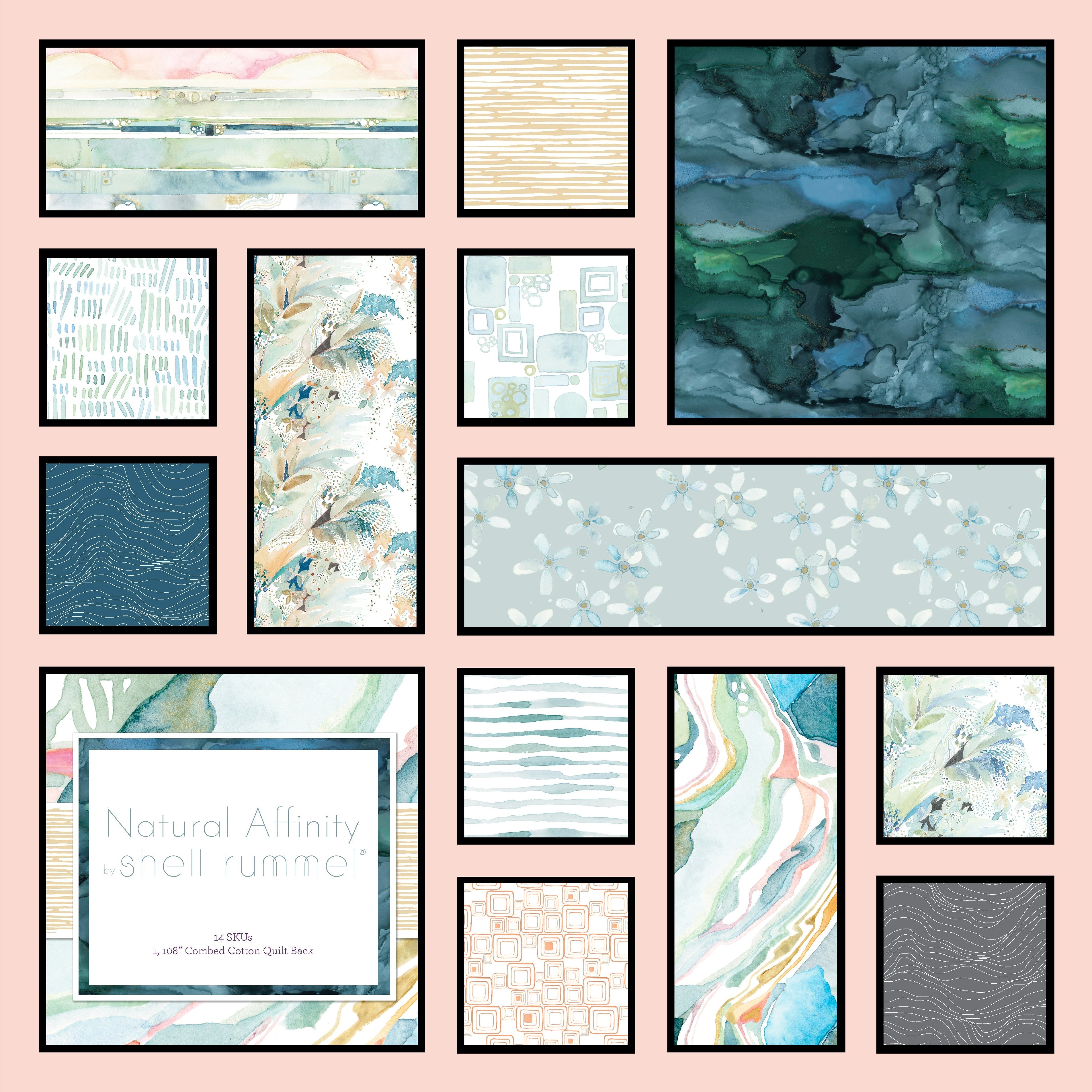 This image shows thirteen fabric swatches in the collection “Natural Affinity” by Shell Rummel. This fabric line was inspired by the artist’s love of the ocean, illustrated by watercolors in blues, greens, and blushes.