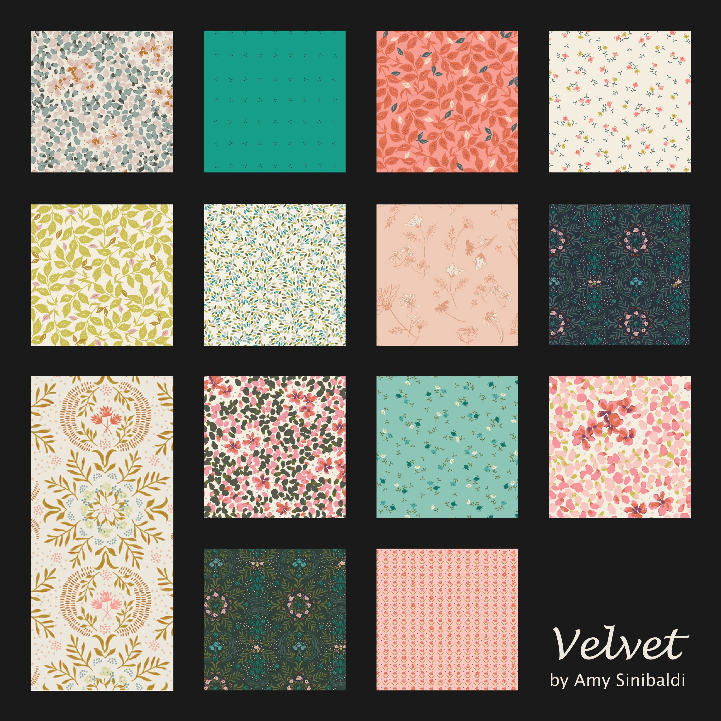 This image shows fourteen fabric swatches in the collection “Velvet” by Amy Sinibaldi. Prints in this line are traditional and floral, with a myriad of colors including navy, teal, baby pink, lemon yellow, and white.