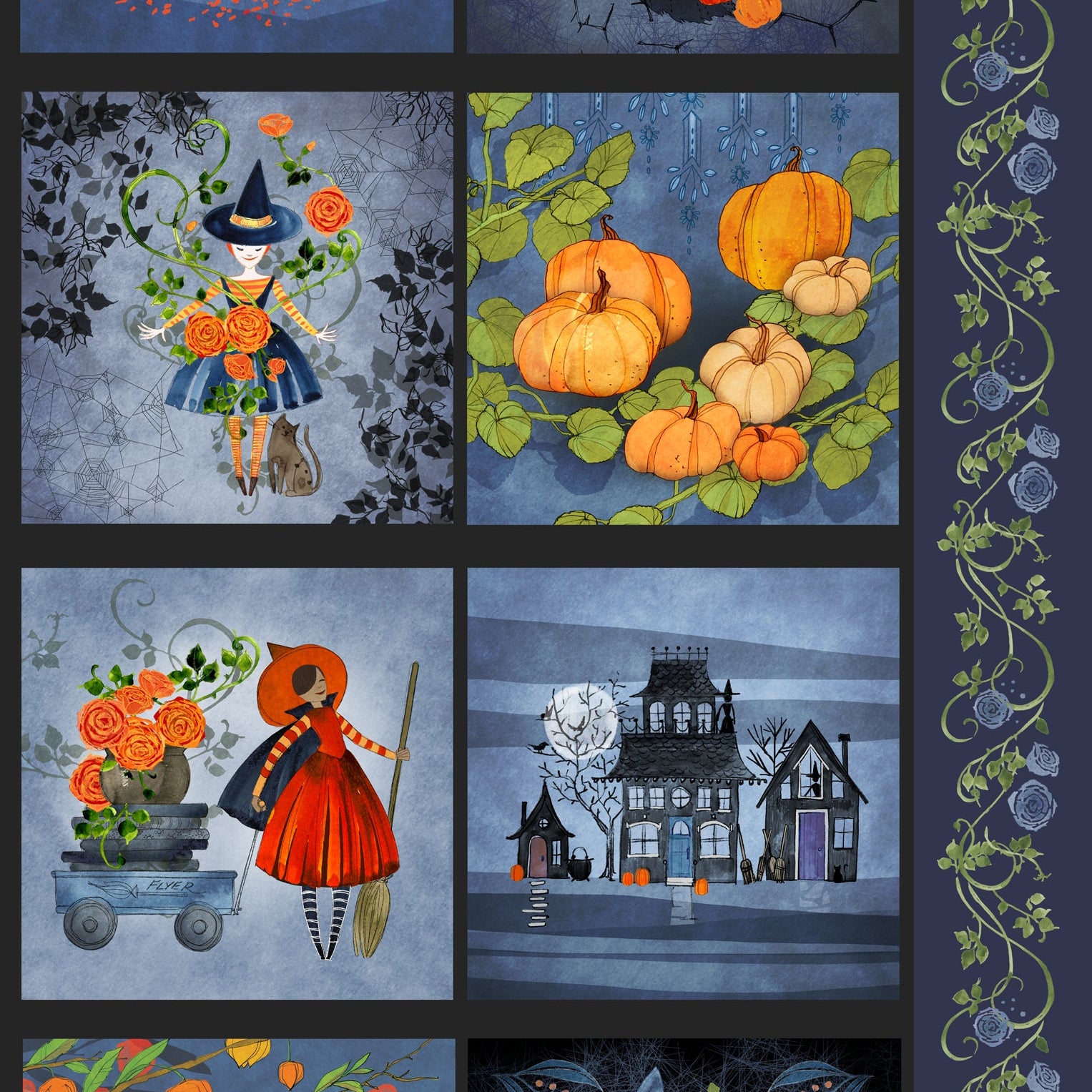 Grid of Halloween-themed illustrations with pumpkins, ghosts, and a witch on a broomstick.