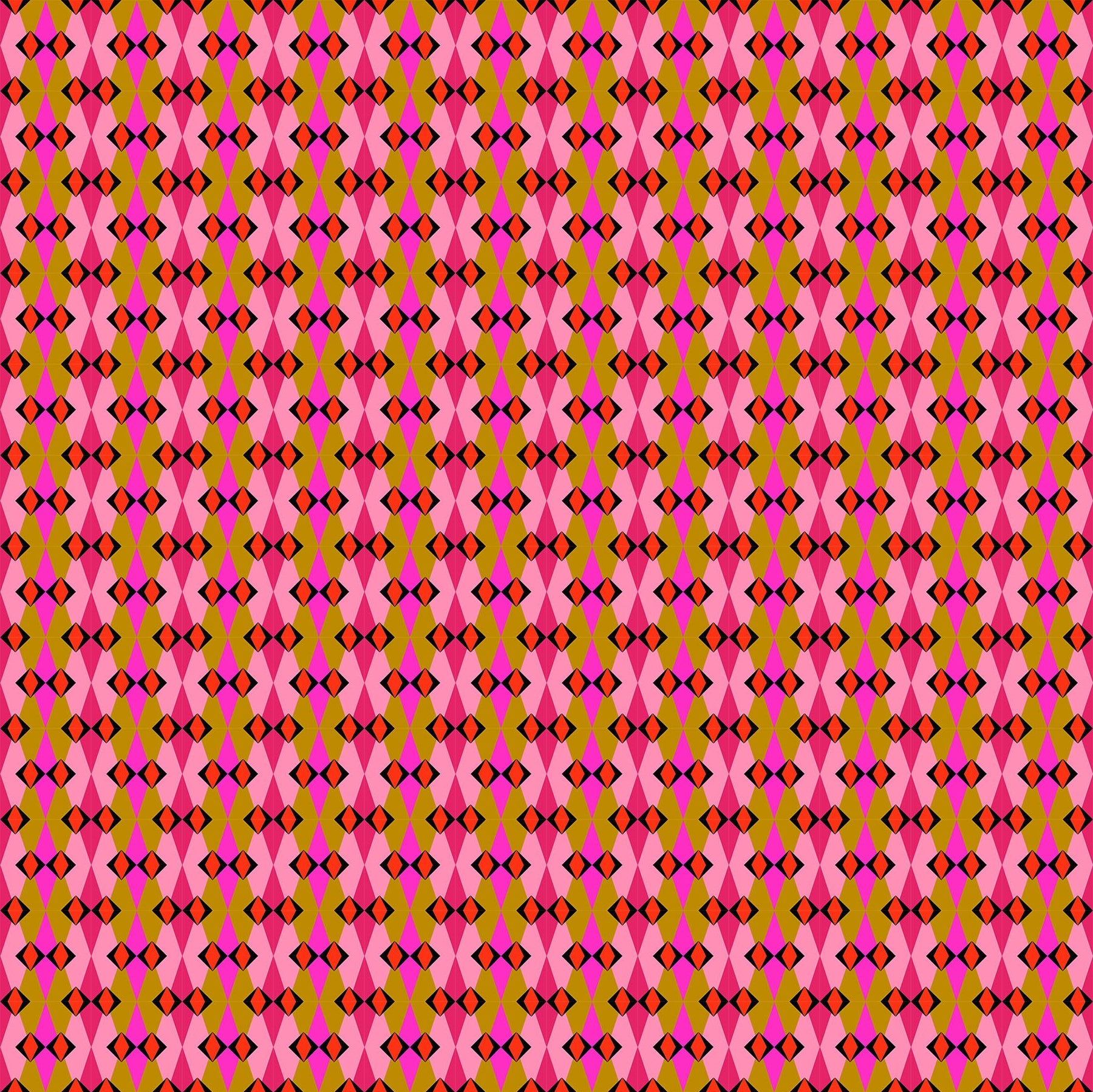 Patterned fabric with a geometric design in pink, coral and butterscotch.