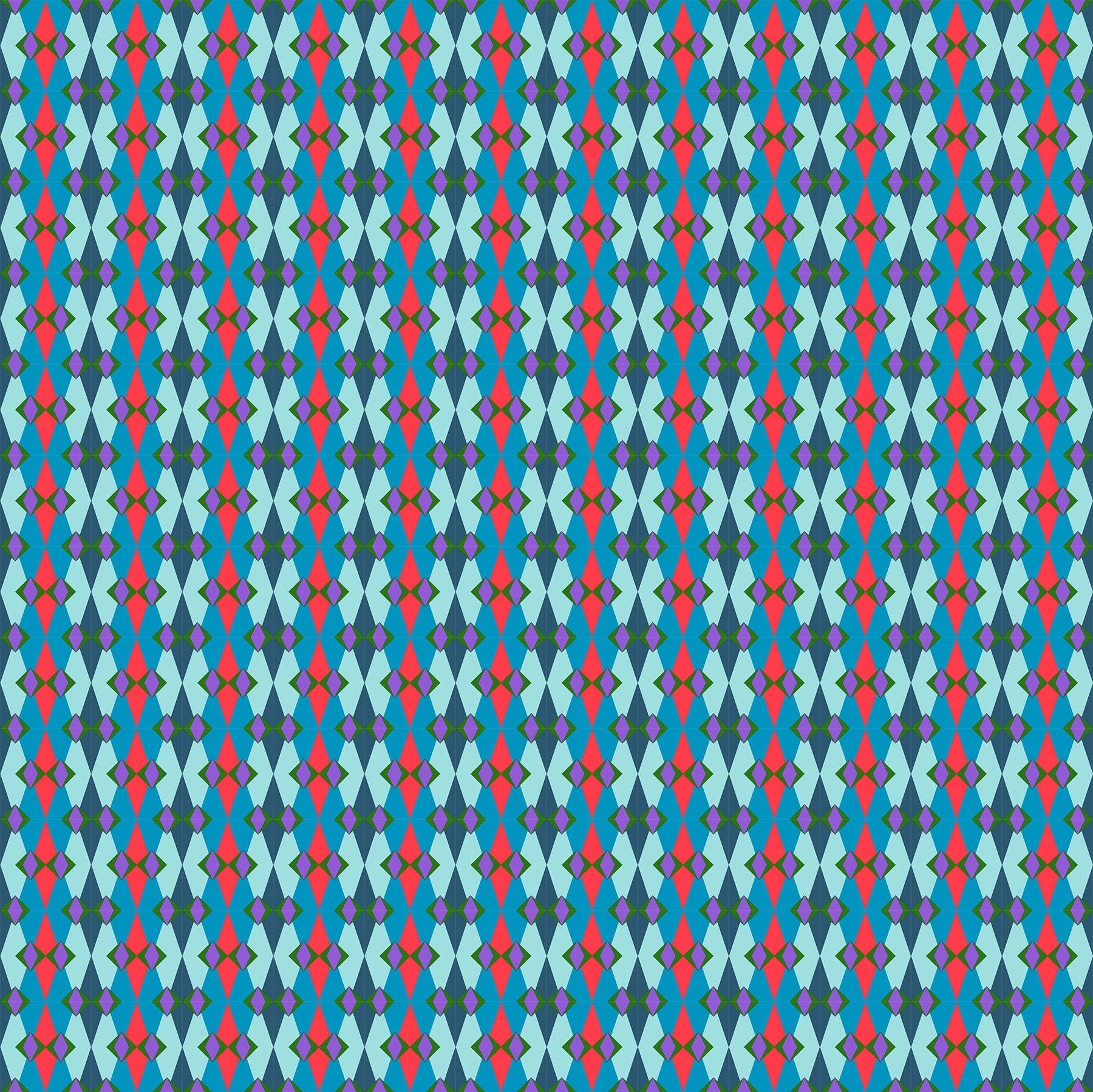 Patterned fabric with blue, red, and purple colors on a blue background