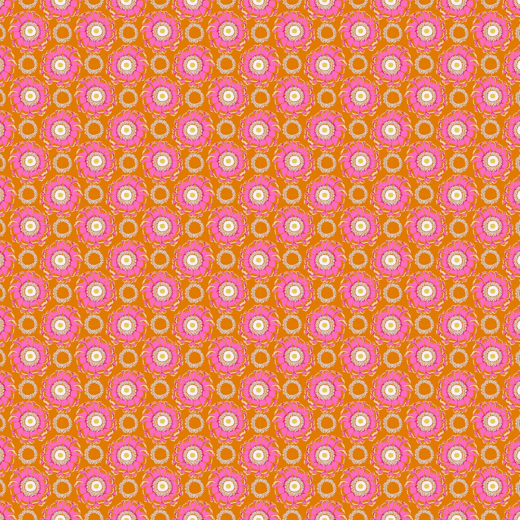 Pattern of pink flowers and gray circles on a toast background.