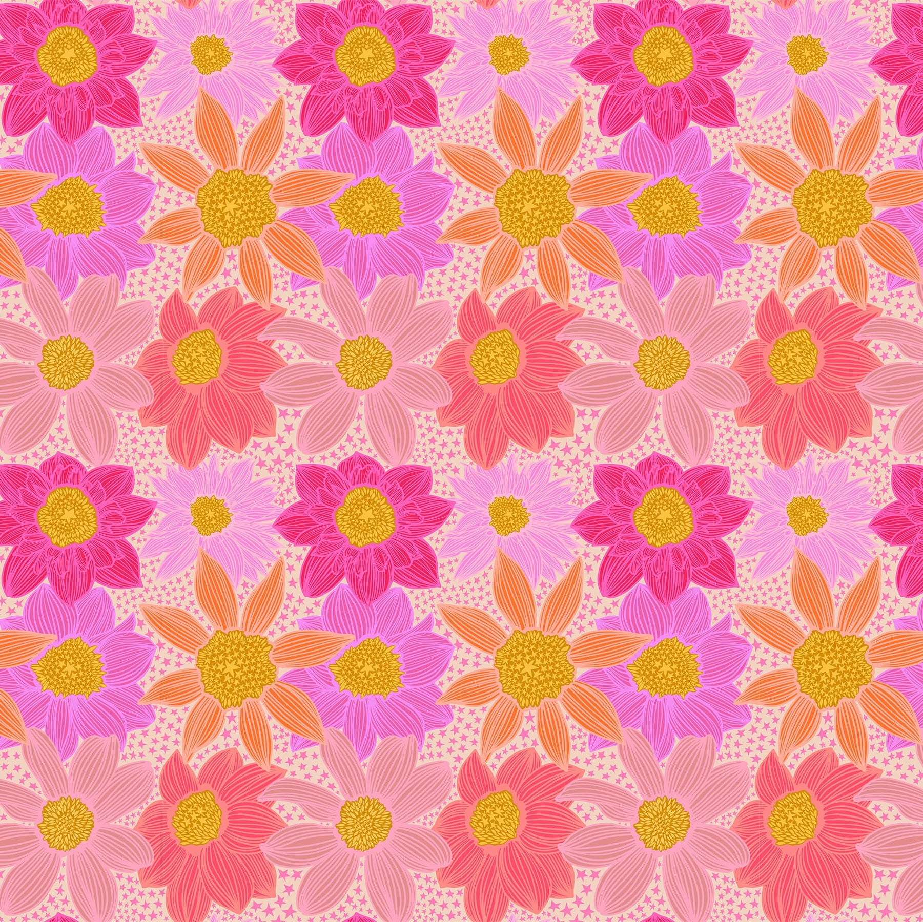 Pattern of pink and orange flowers with yellow centers on a light pink background