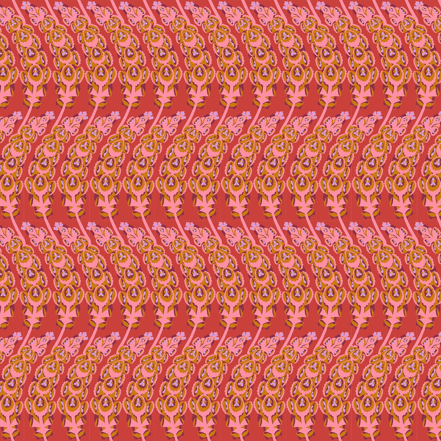 Patterned floral fabric with a repeating design on a Coral background