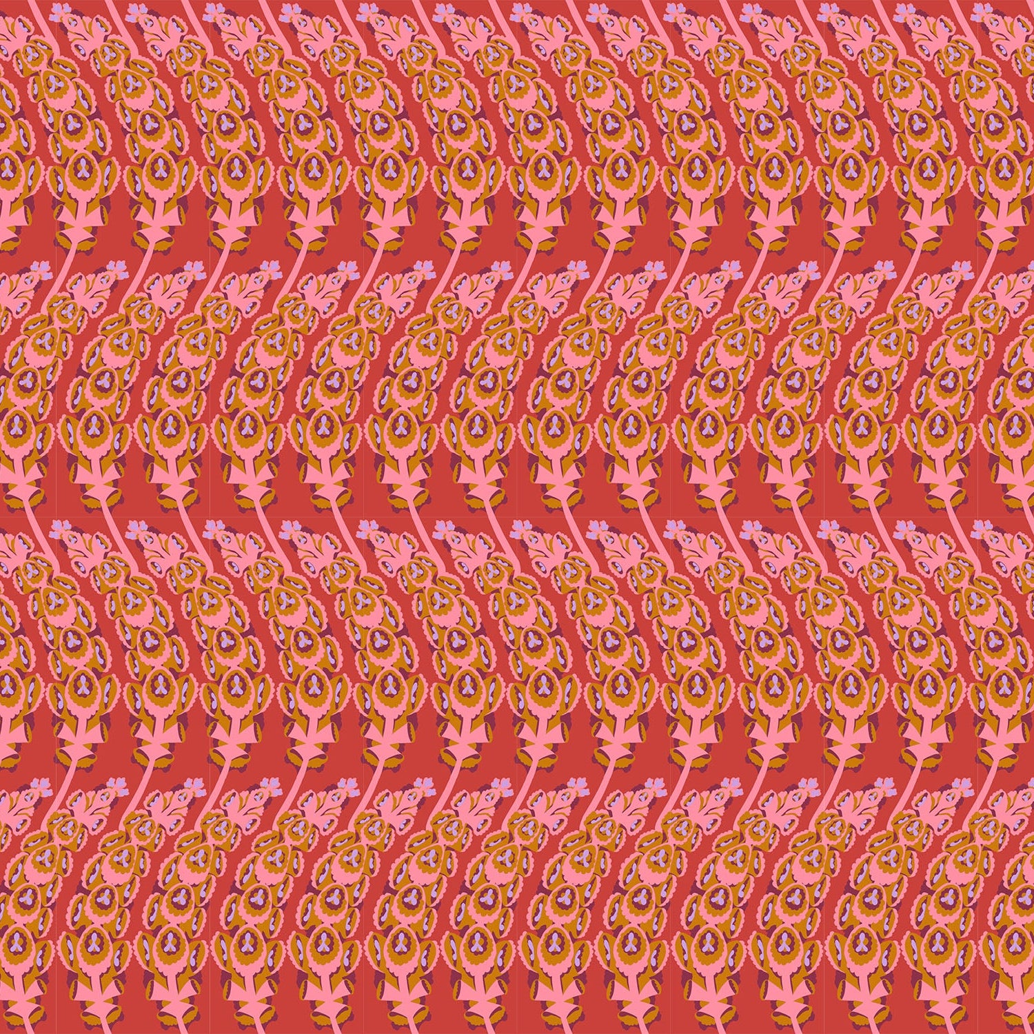 Patterned floral fabric with a repeating design on a Coral background