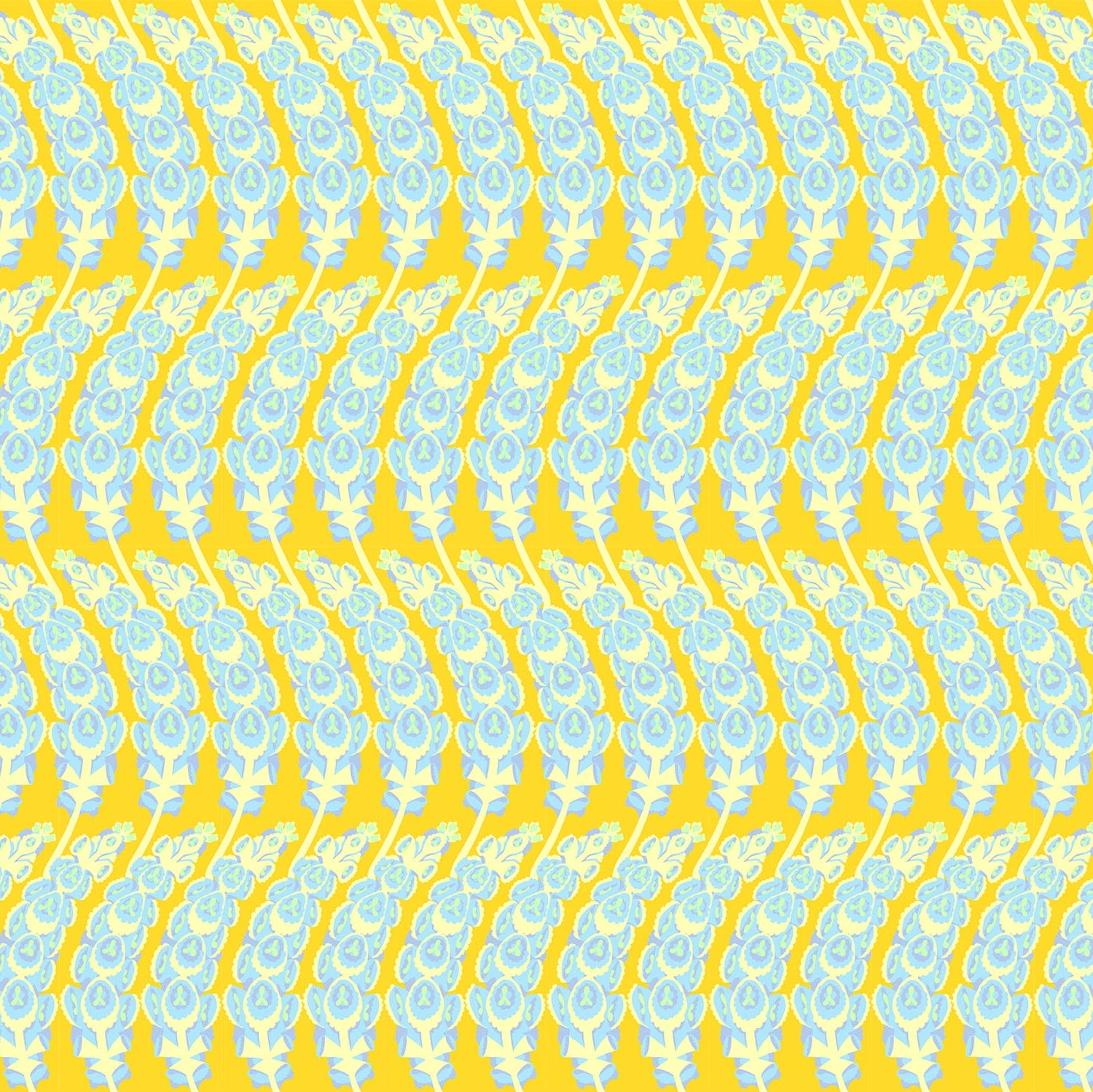 Pattern of yellow and blue floral shapes on a yellow geometric background