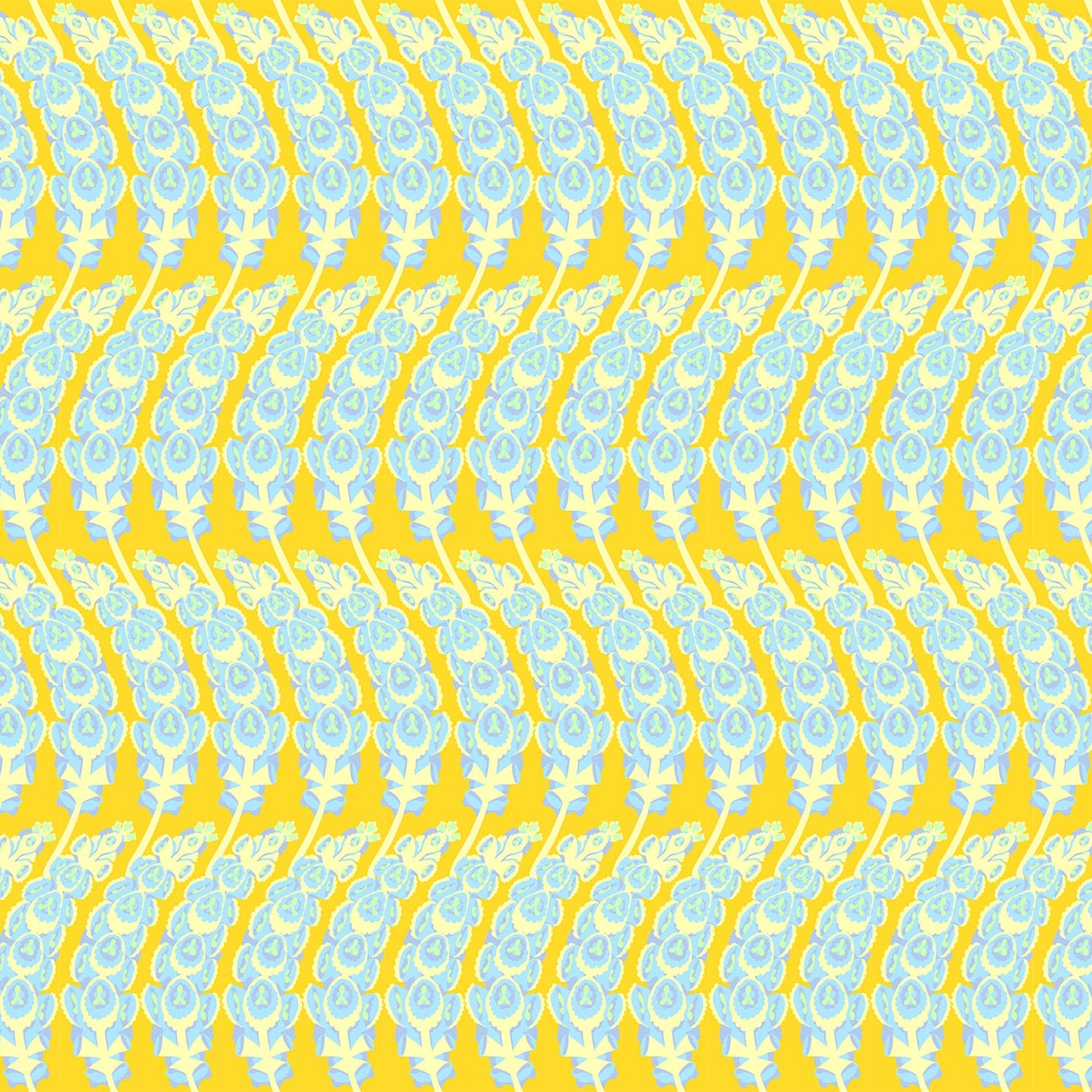 Pattern of yellow and blue floral shapes on a yellow geometric background