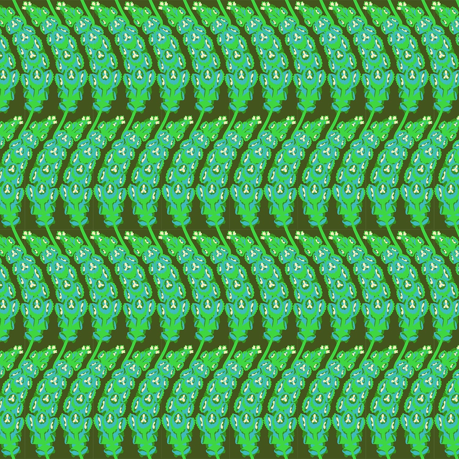 Pattern of blue and green flowers on a dark moss background
