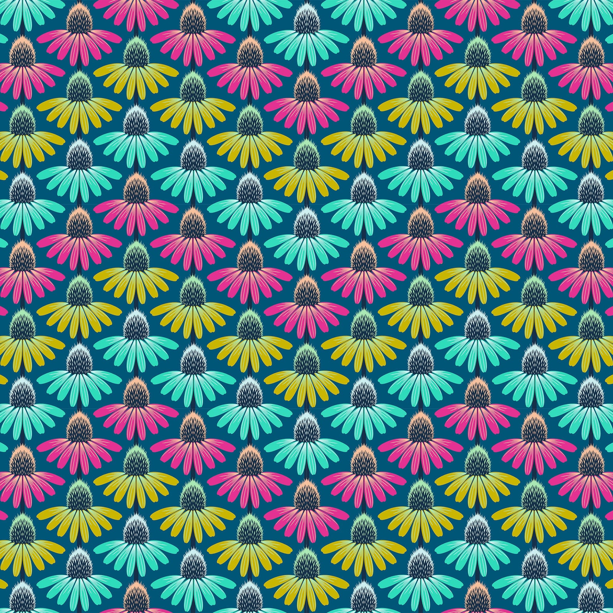 Pattern of colorful flowers on a blue background