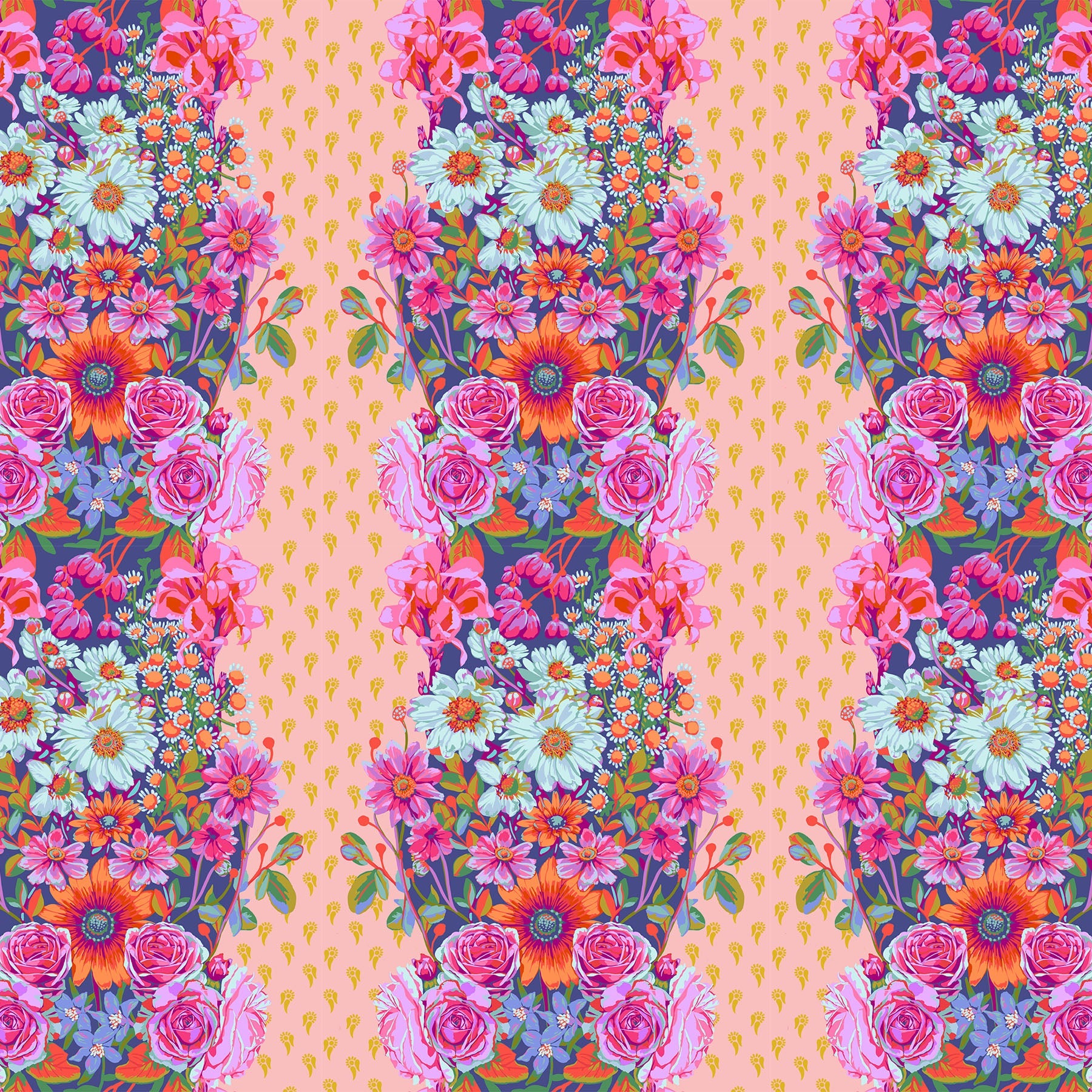 Floral pattern with pink and orange flowers on a yellow background