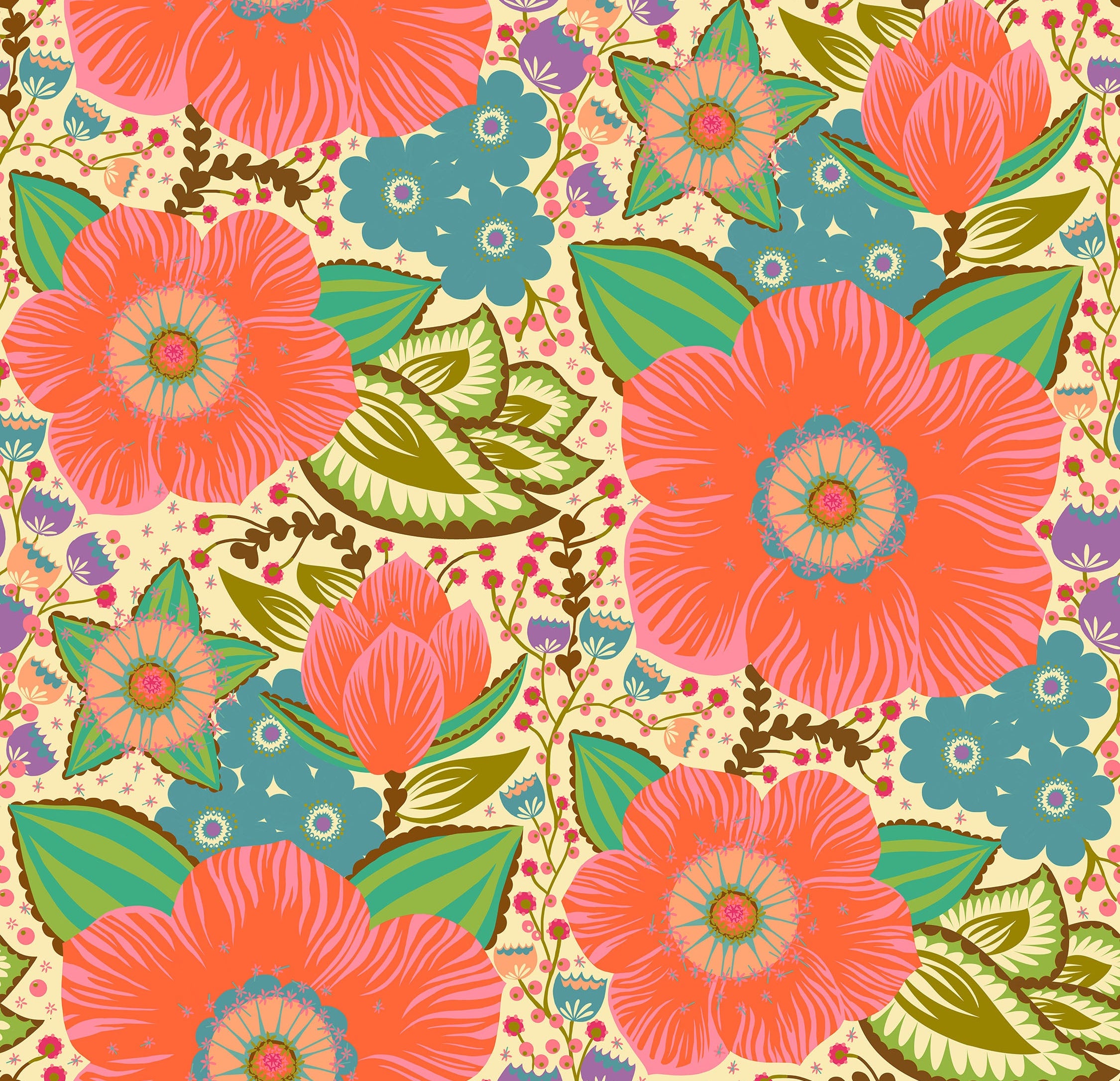 Colorful floral pattern with coral flowers on a yellow background
