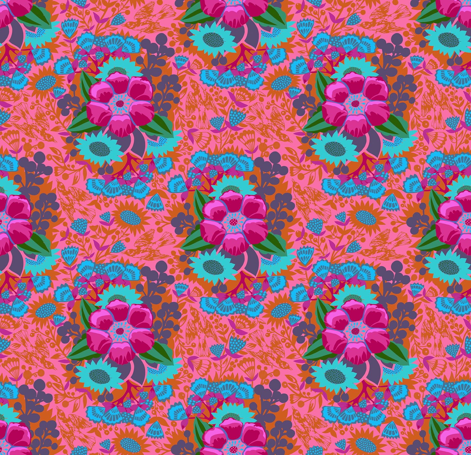 Colorful floral pattern with pink flowers on a pink background