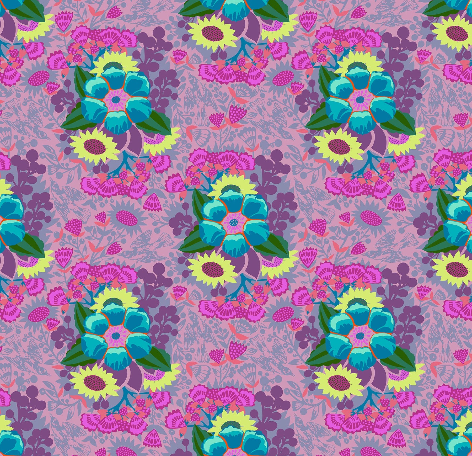 Colorful floral pattern with blue and yellow flowers on a pink background