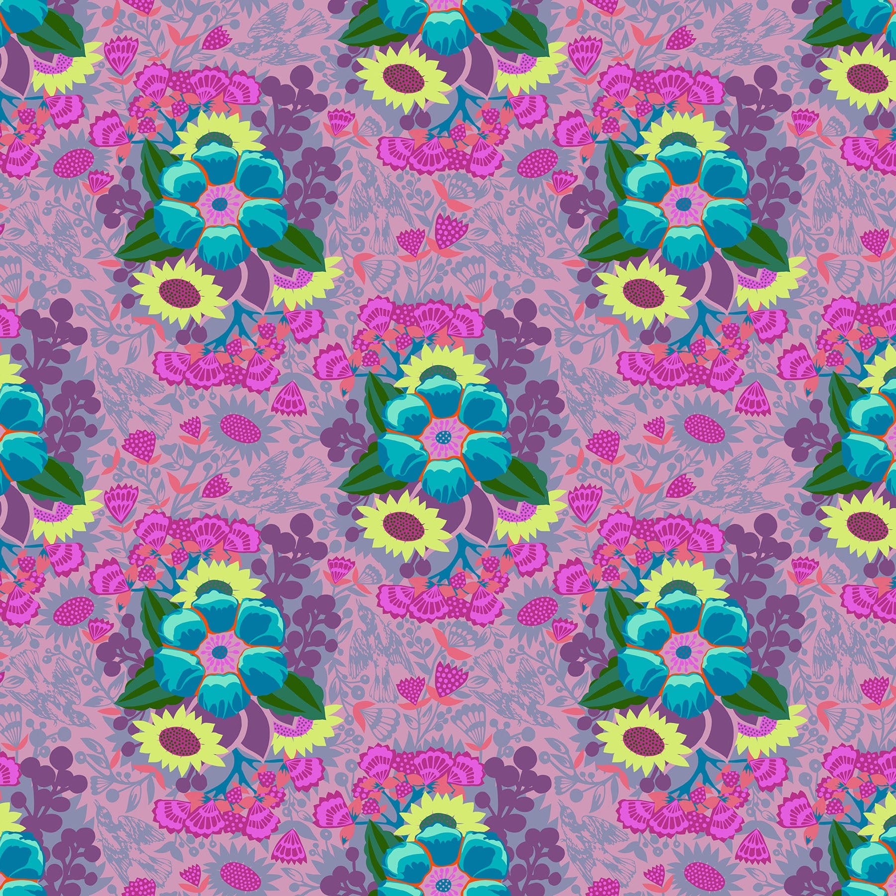 Colorful floral pattern with blue and yellow flowers on a pink background