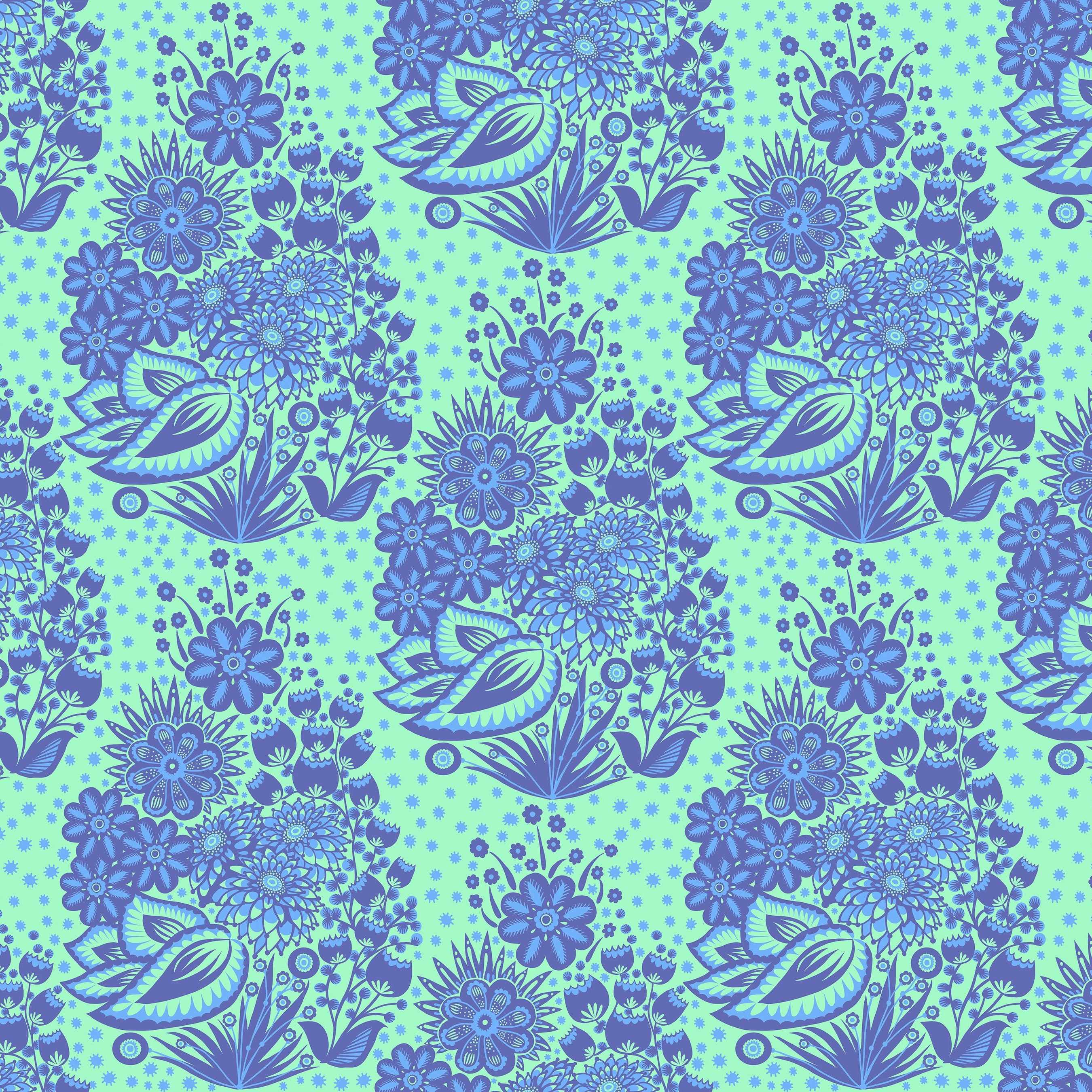 Pattern of blue floral and leaf designs on a green background